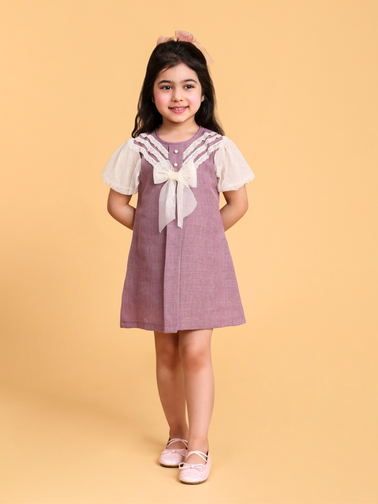 Purple linen dress with ruffle net sleeves