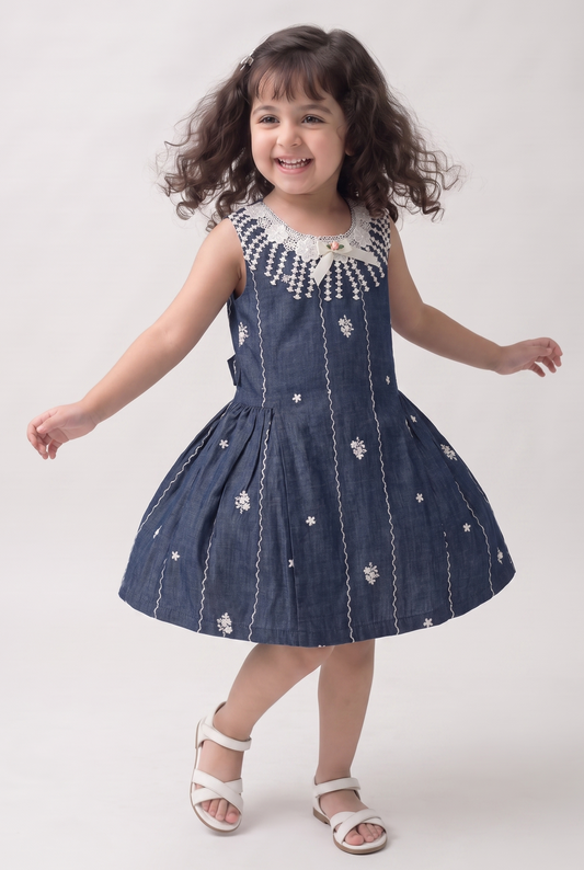 Midnight Bloom Cotton denim embroidered dress (049)