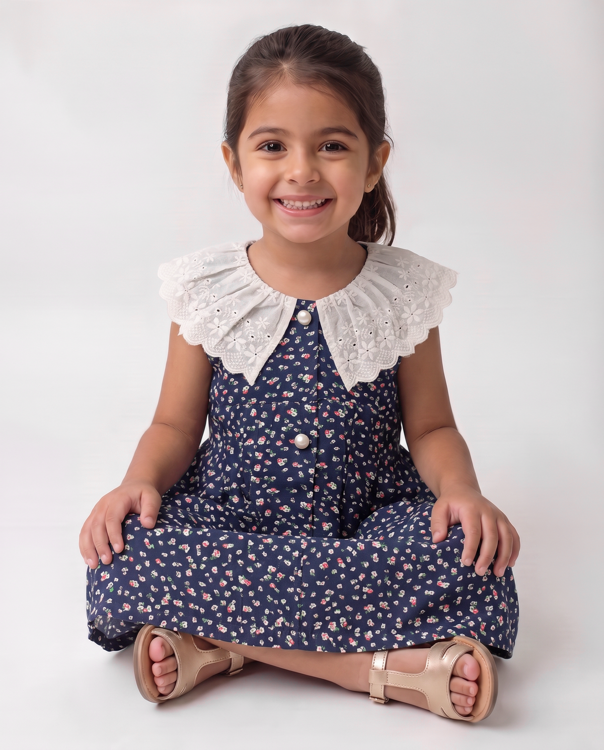 Flowy navy printed cotton dress with schiffli lace