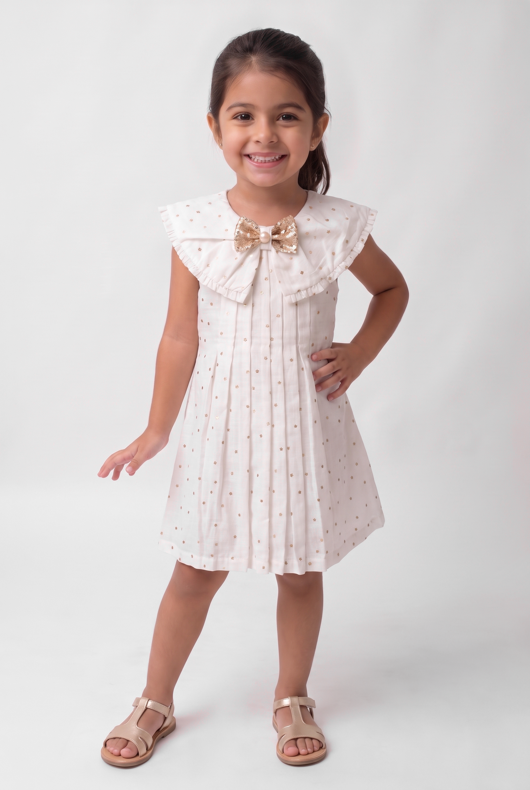 Star print cotton dress with fancy bow (047)
