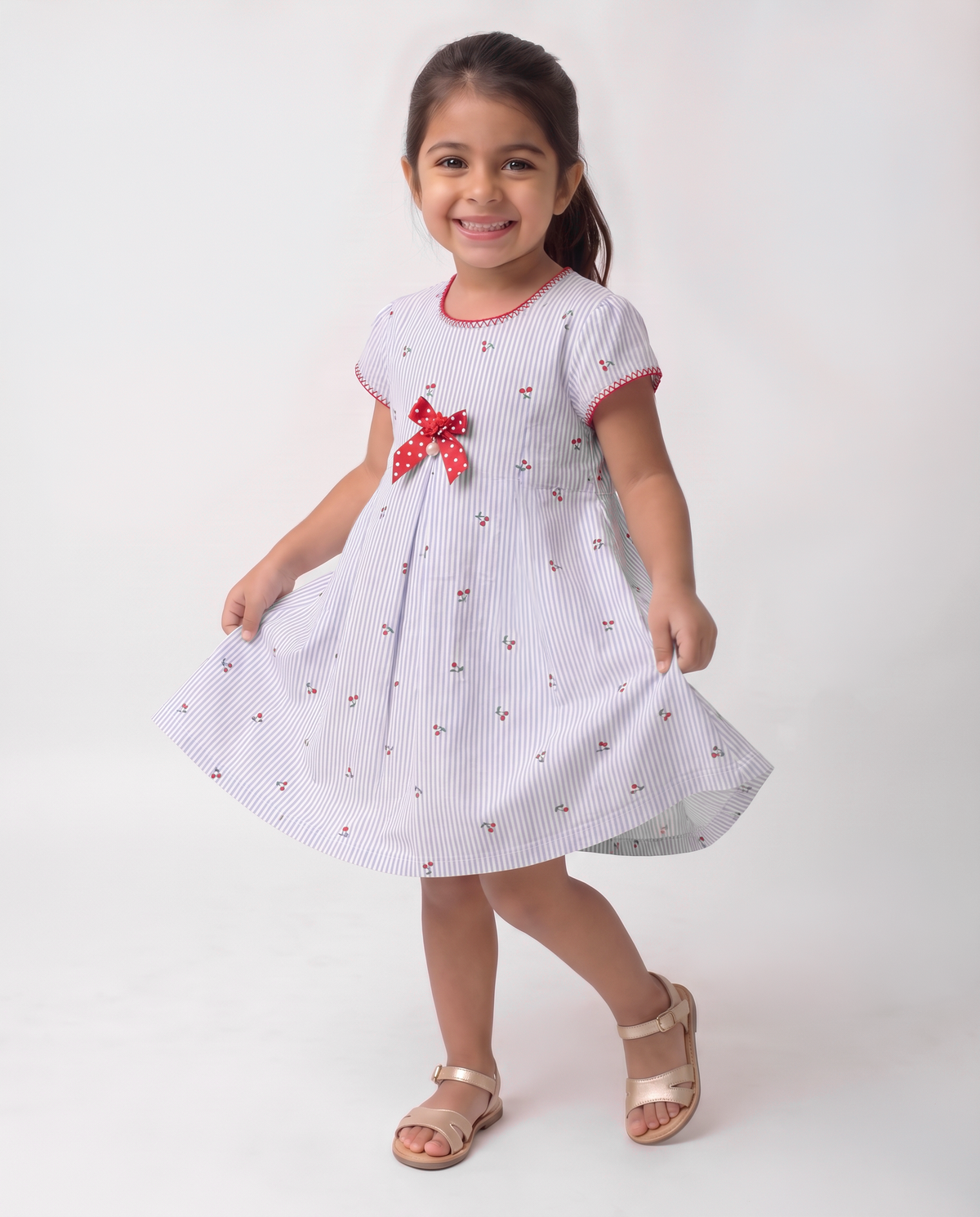 Cherry bow and Stripe cotton dress
