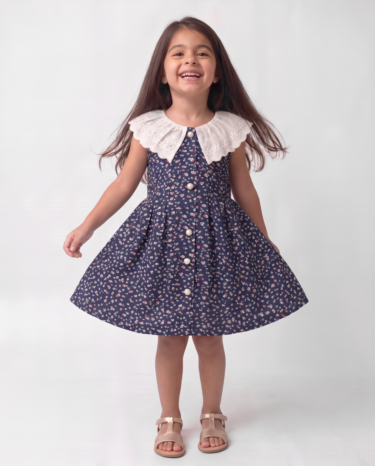 Flowy navy printed cotton dress with schiffli lace