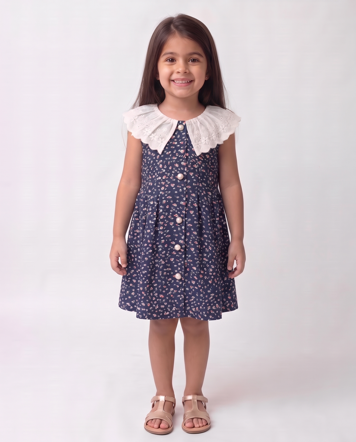 Flowy navy printed cotton dress with schiffli lace