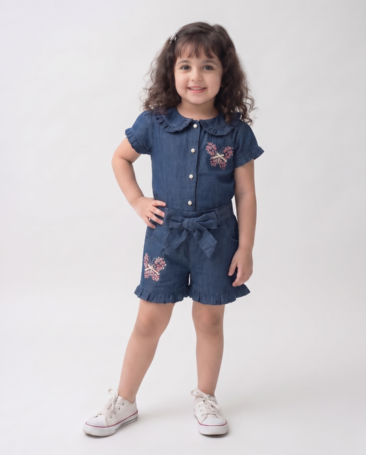 Cotton (Dark) denim Co-ordset with butterfly print