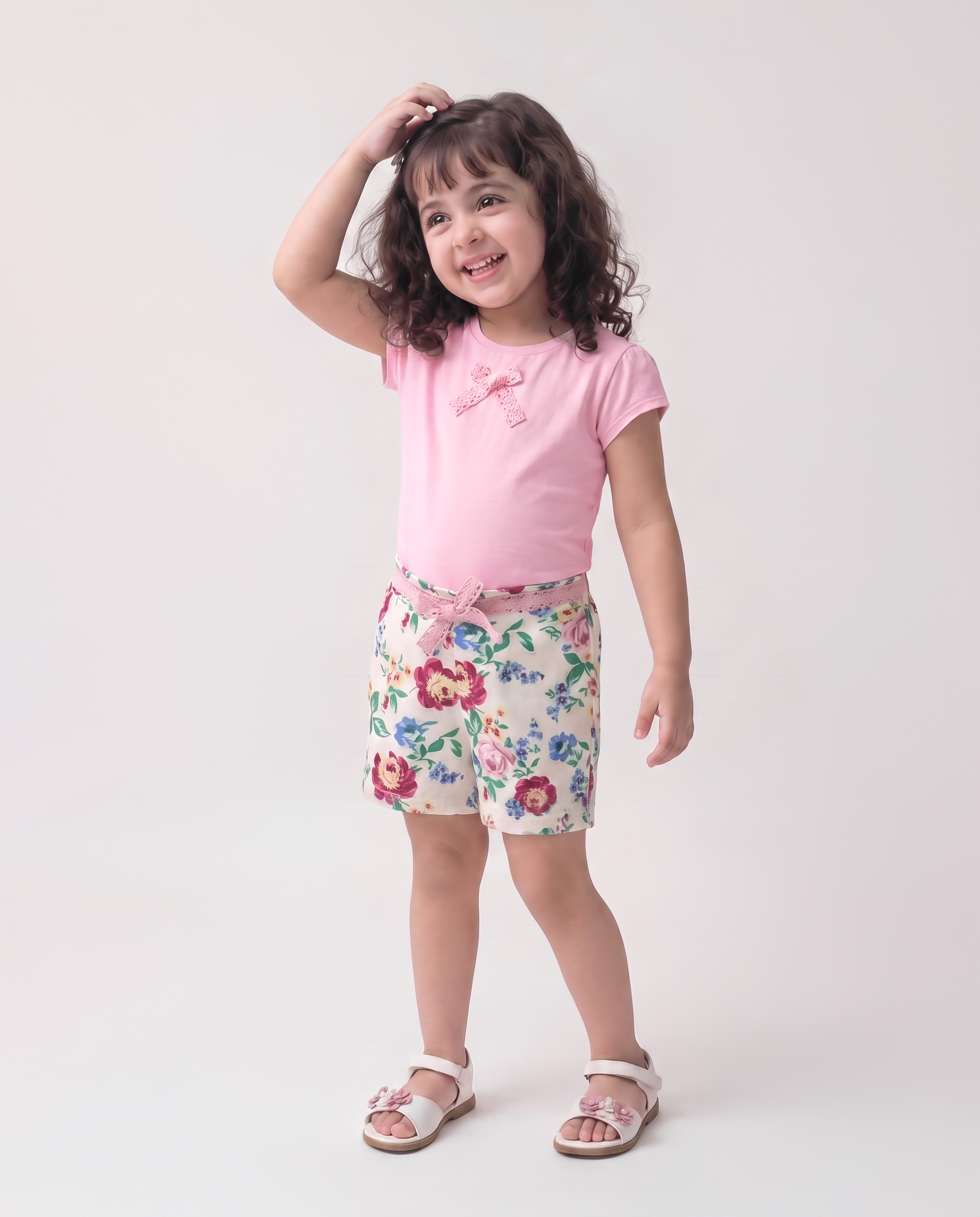 Cotton lycra pink top with floral shorts