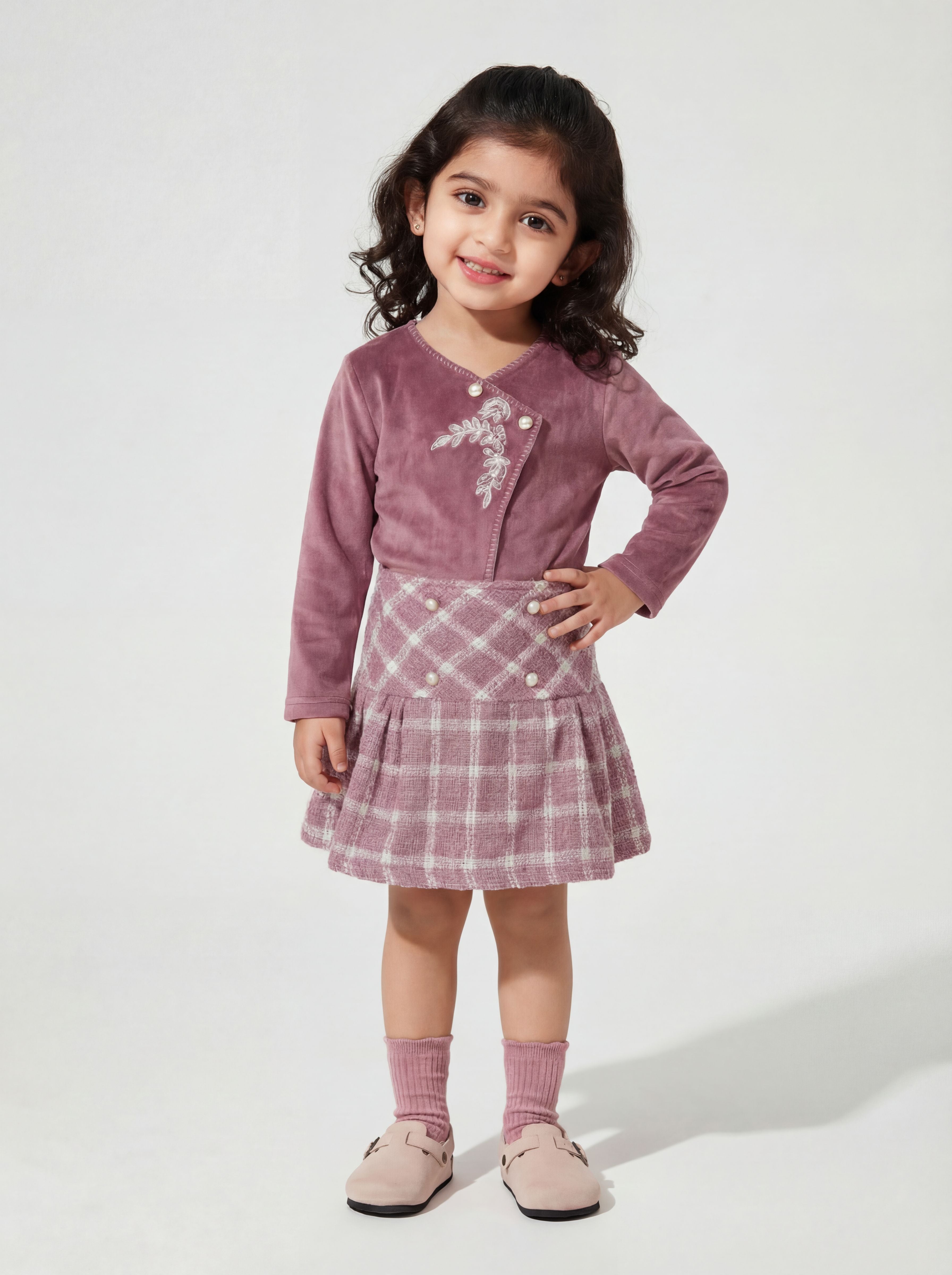 Purple super soft top with checkered skirt
