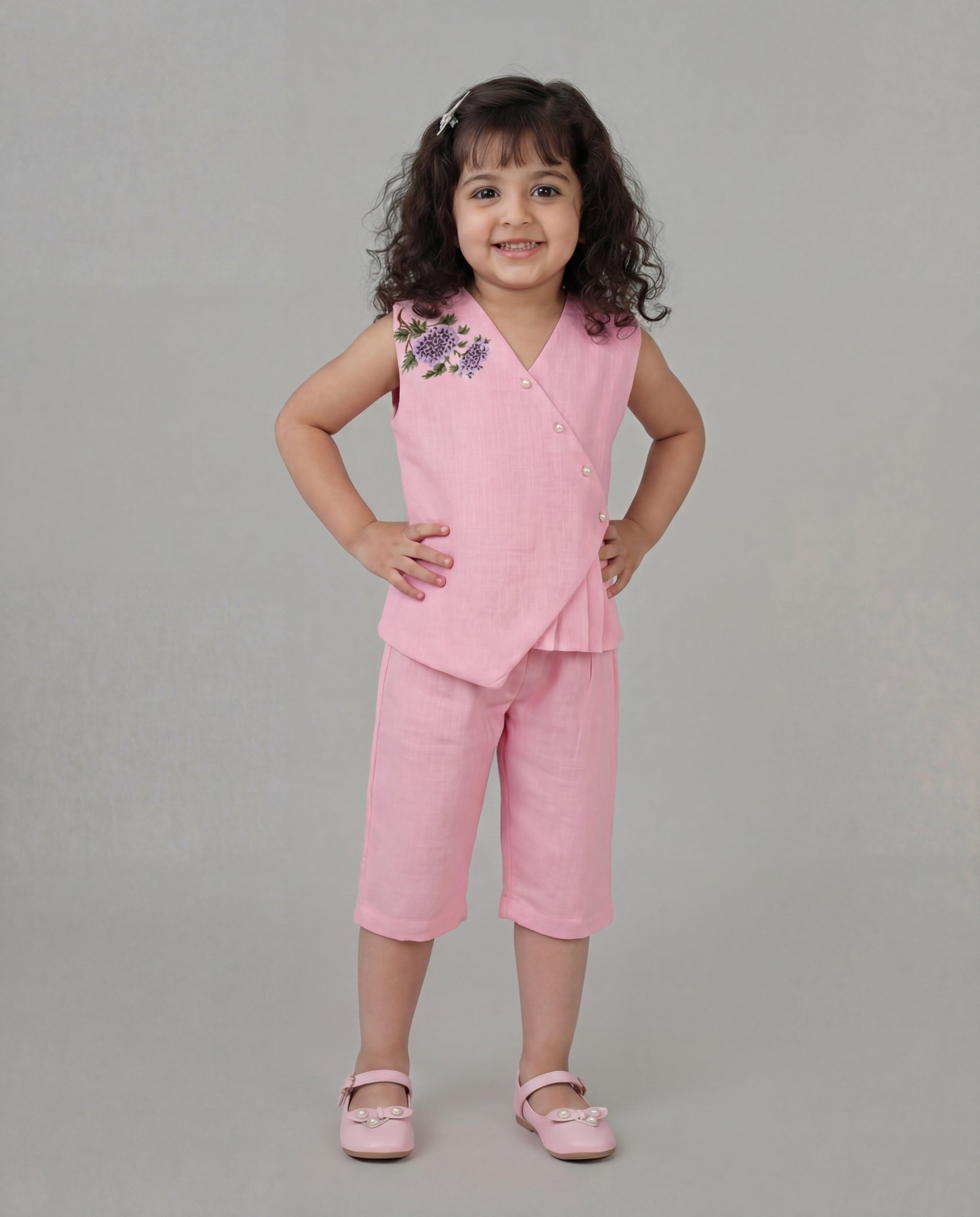 Pink linen co-ord set with floral detailing