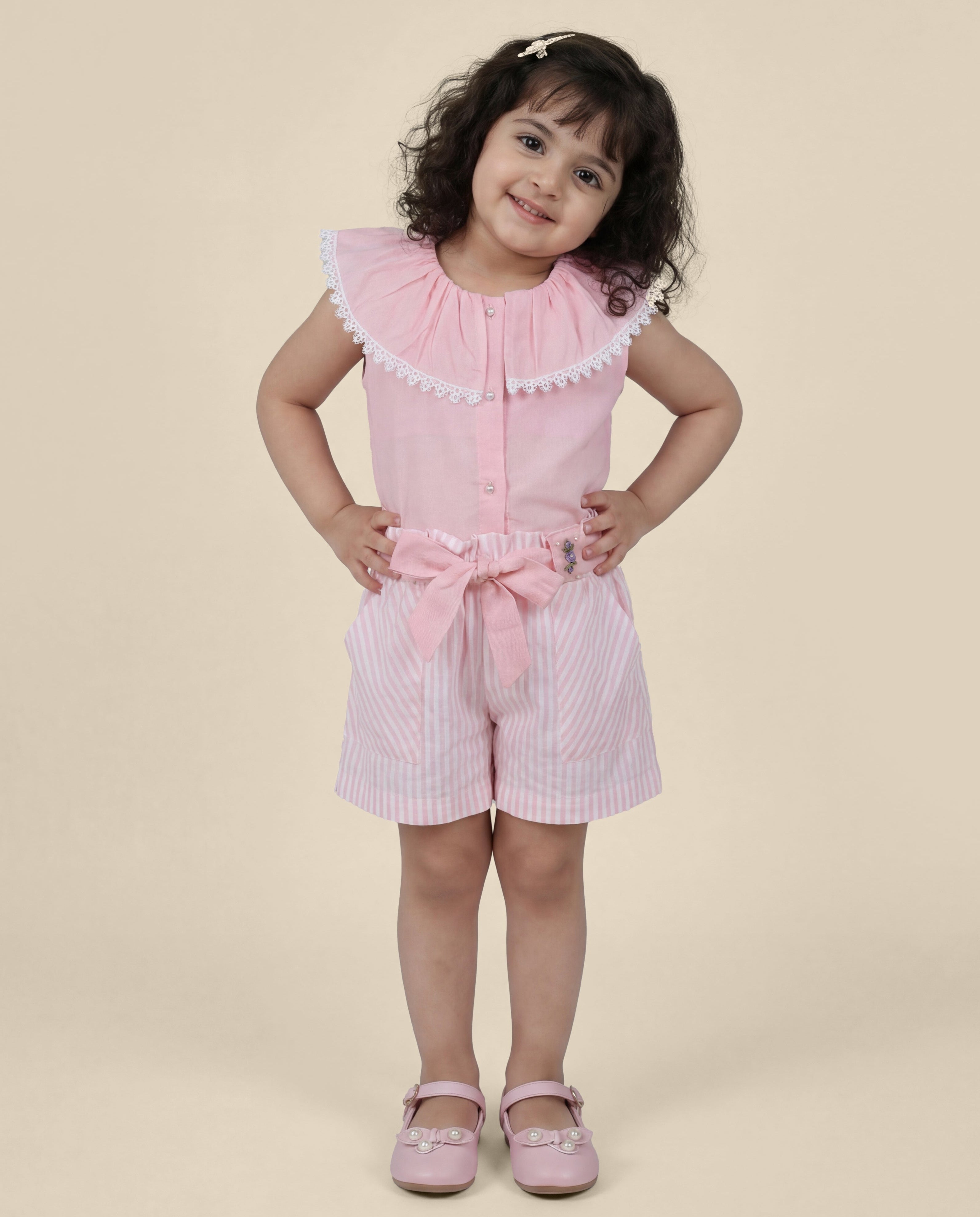 Pink inside out collar top with stripe shorts