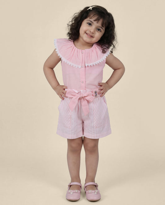 Pink inside out collar top with stripe shorts