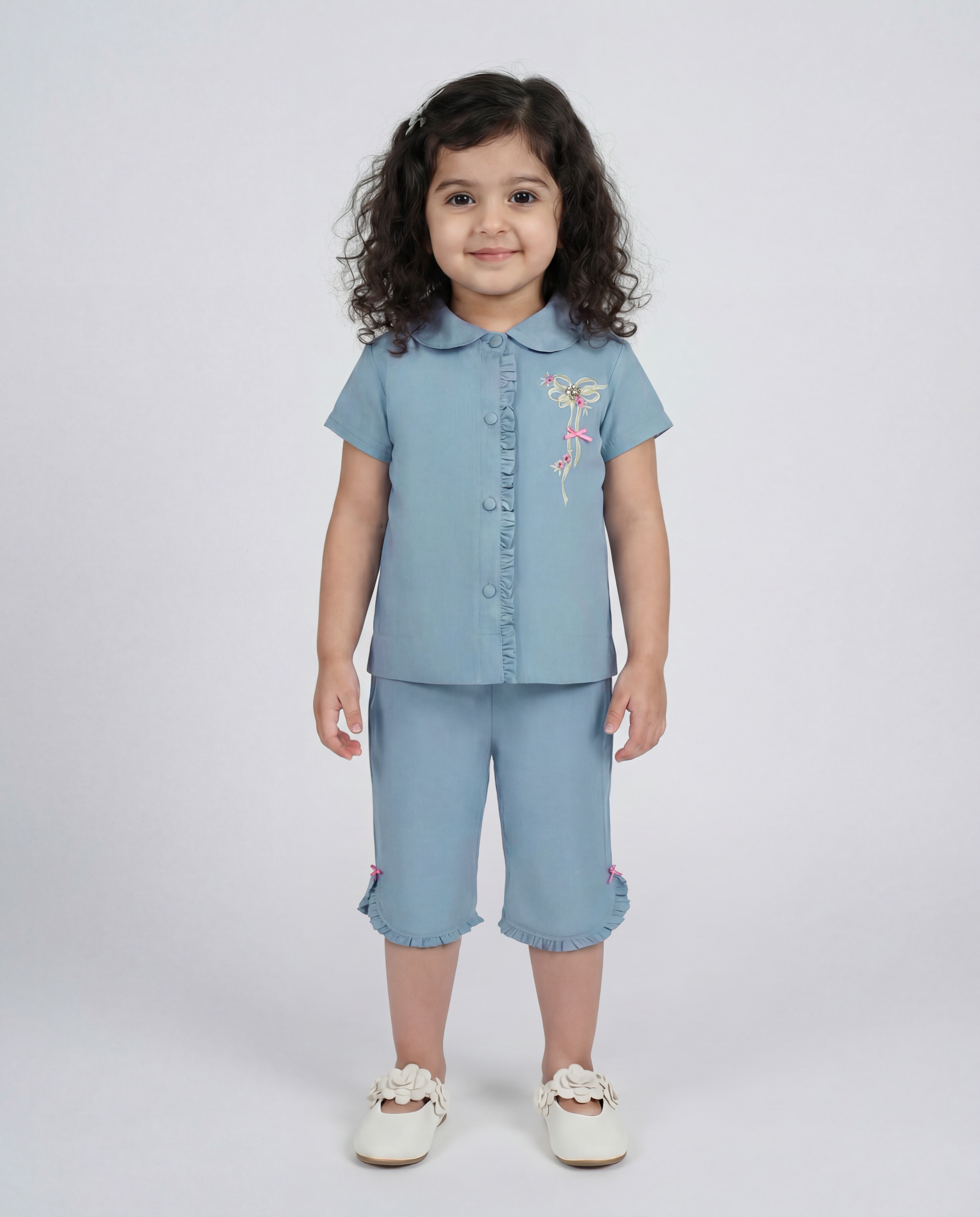 Denim co-ord with bow print detailing