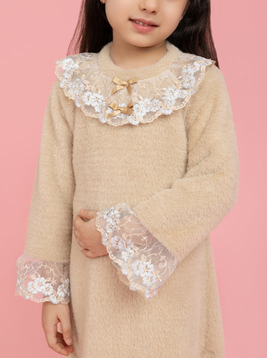Beige woollen dress with fancy neck