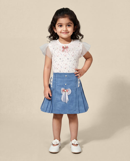 Butter floral printed top and denim skirt with lace