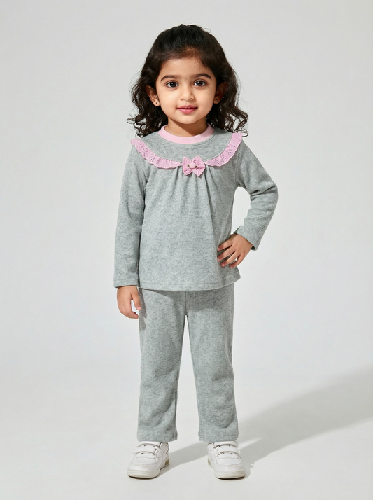 Green nightsuit with pink lace detail- 037