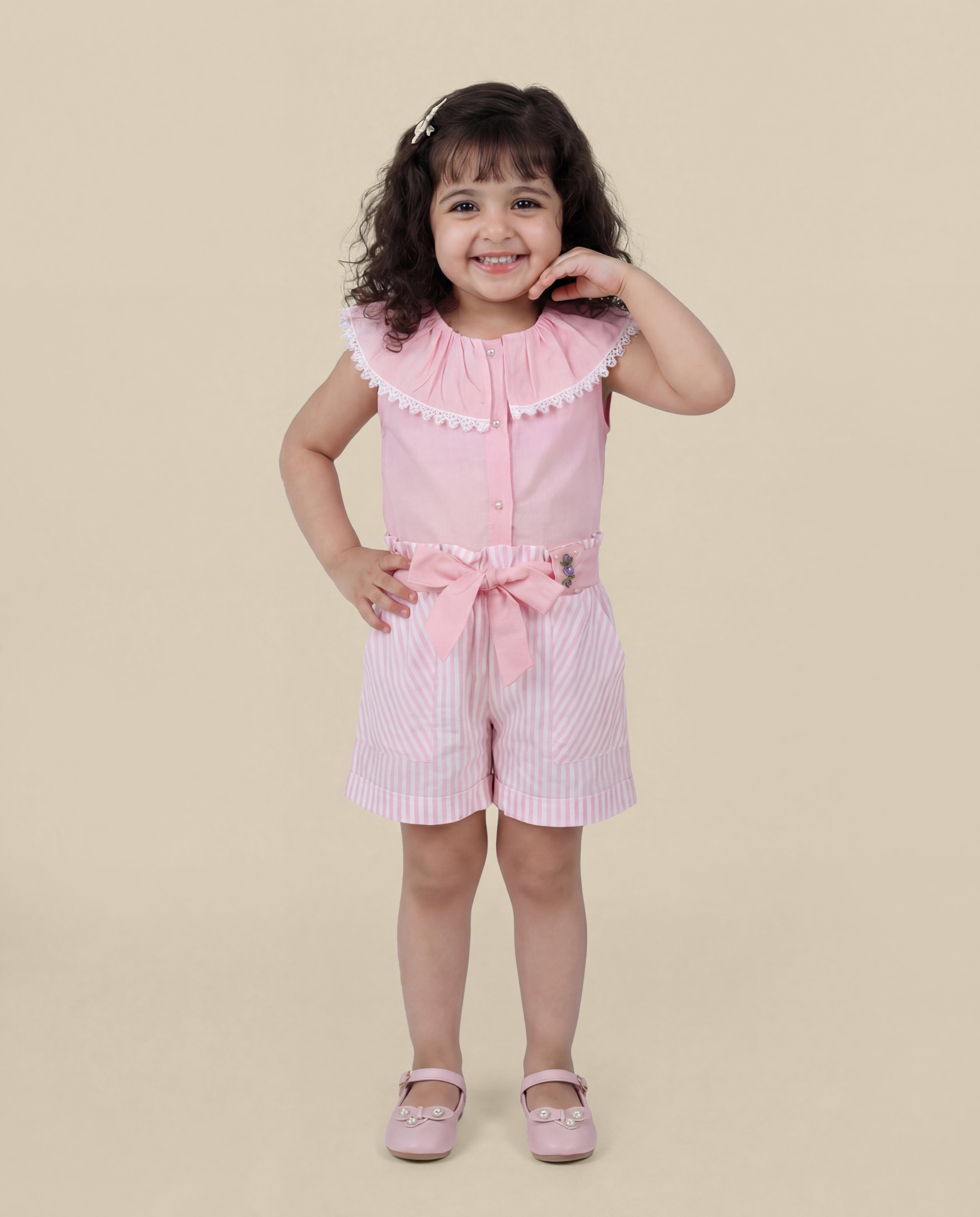Pink inside out collar top with stripe shorts