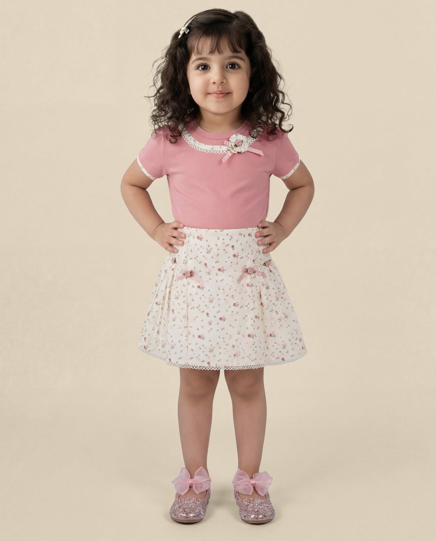 Peach top with small floral printed skirt SS26 (#017)