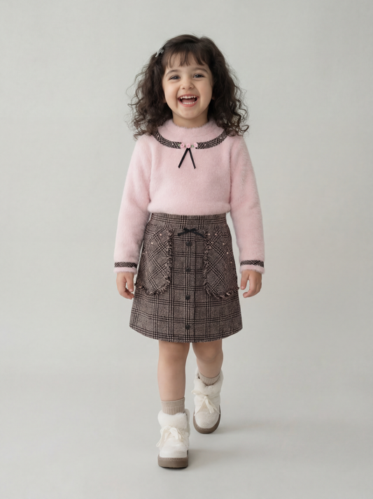 Cosy pink top with brown checkered skirt (047)