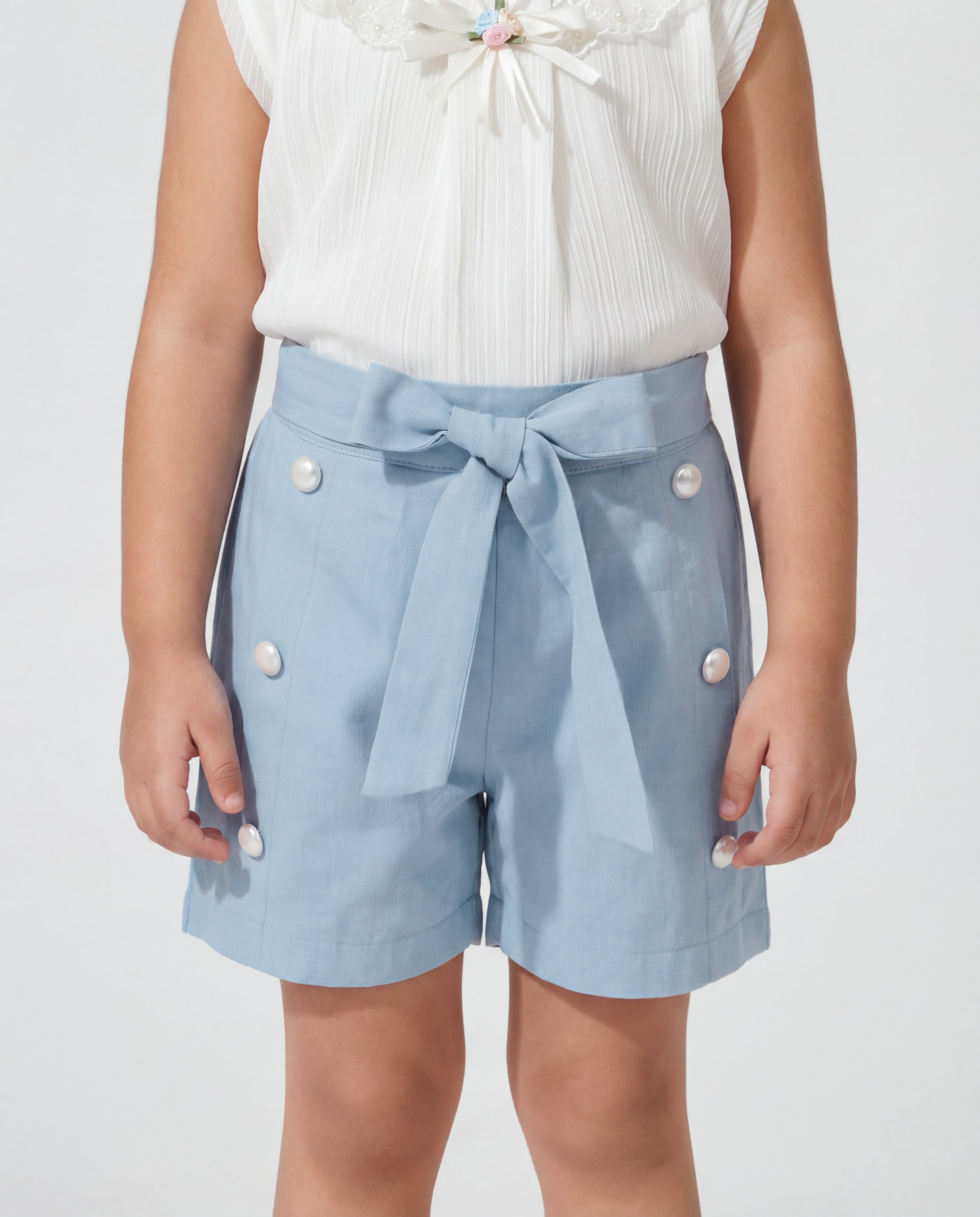 Cream fancy top with Cotton Denim Shorts