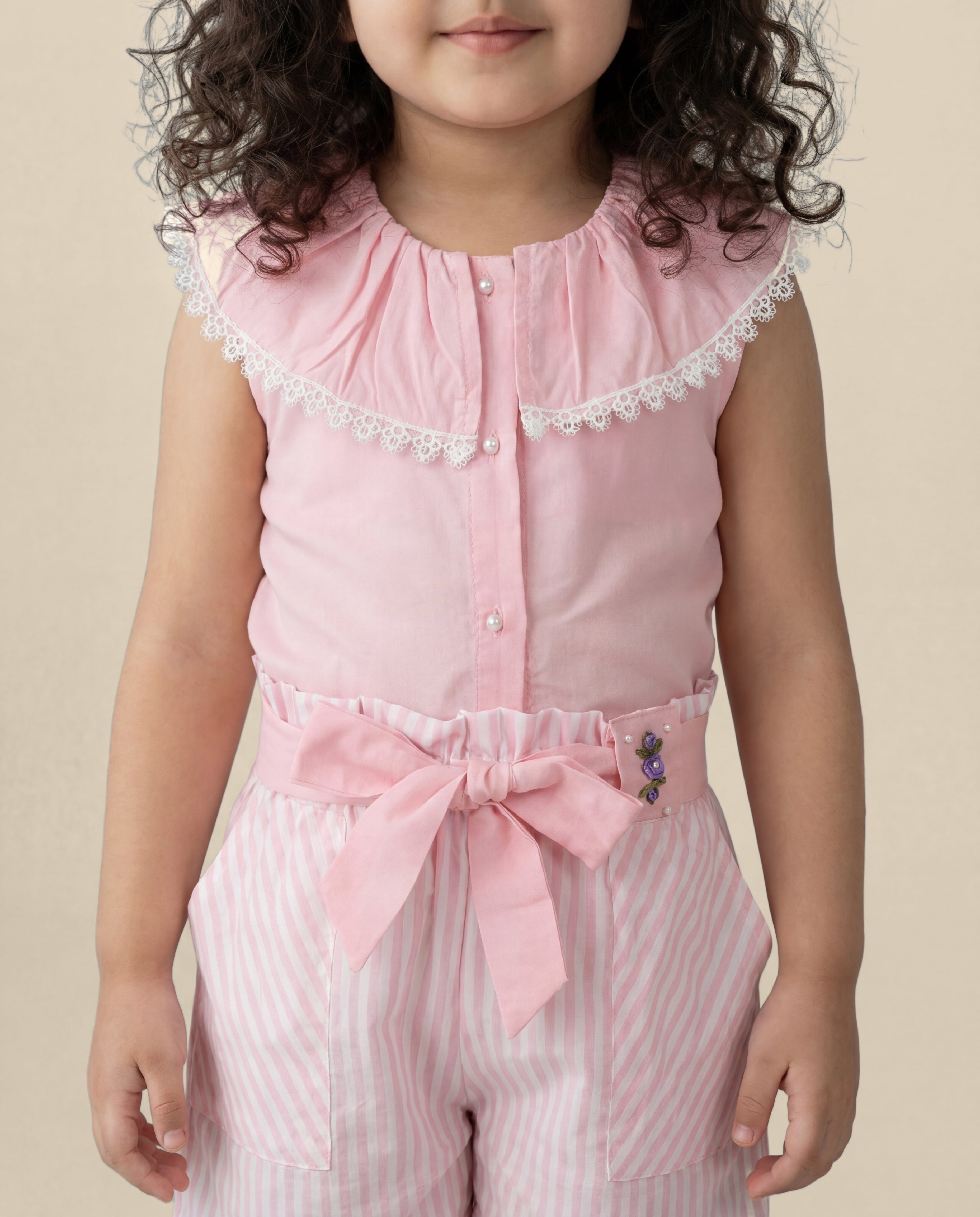 Pink inside out collar top with stripe shorts