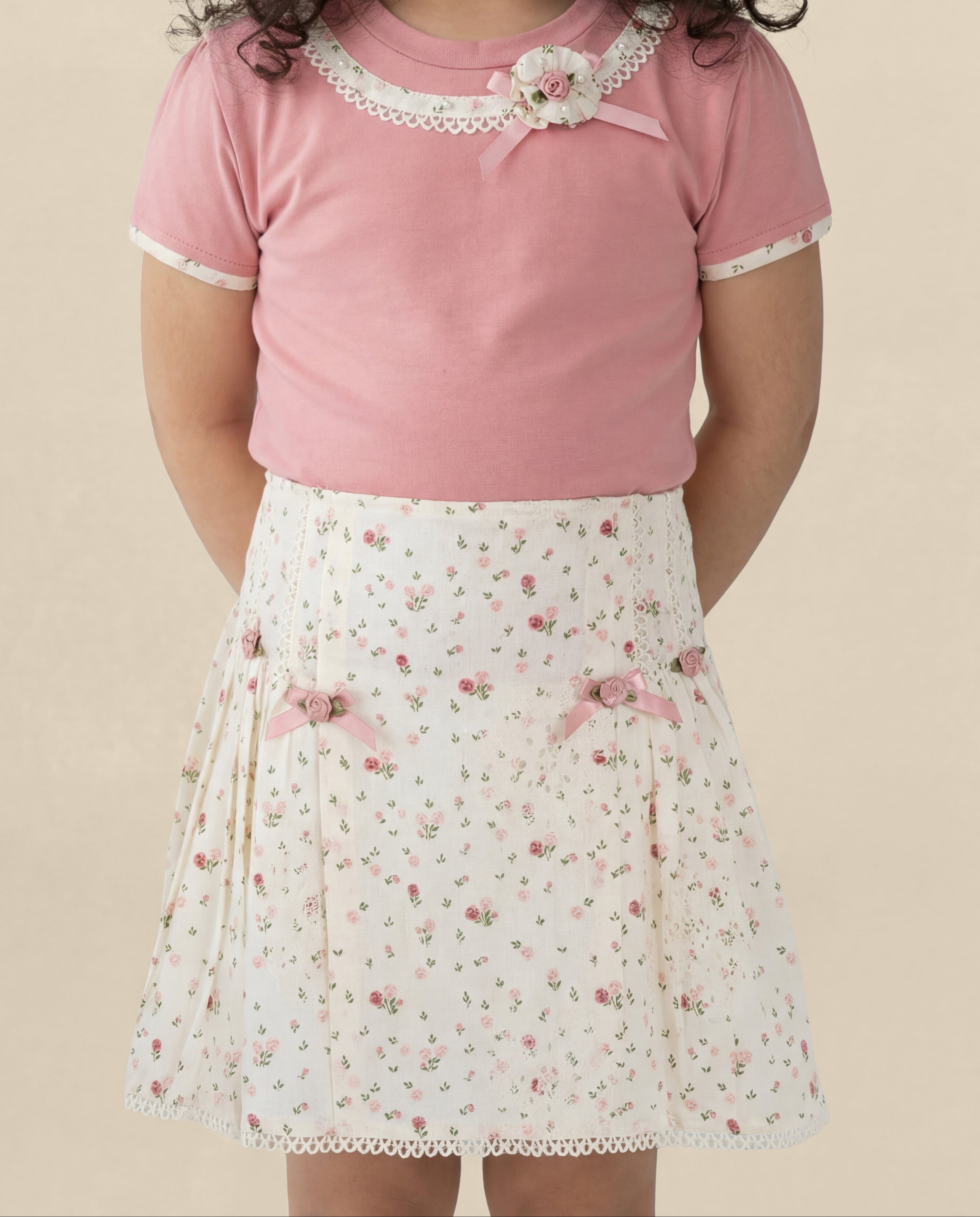 Peach top with small floral printed skirt