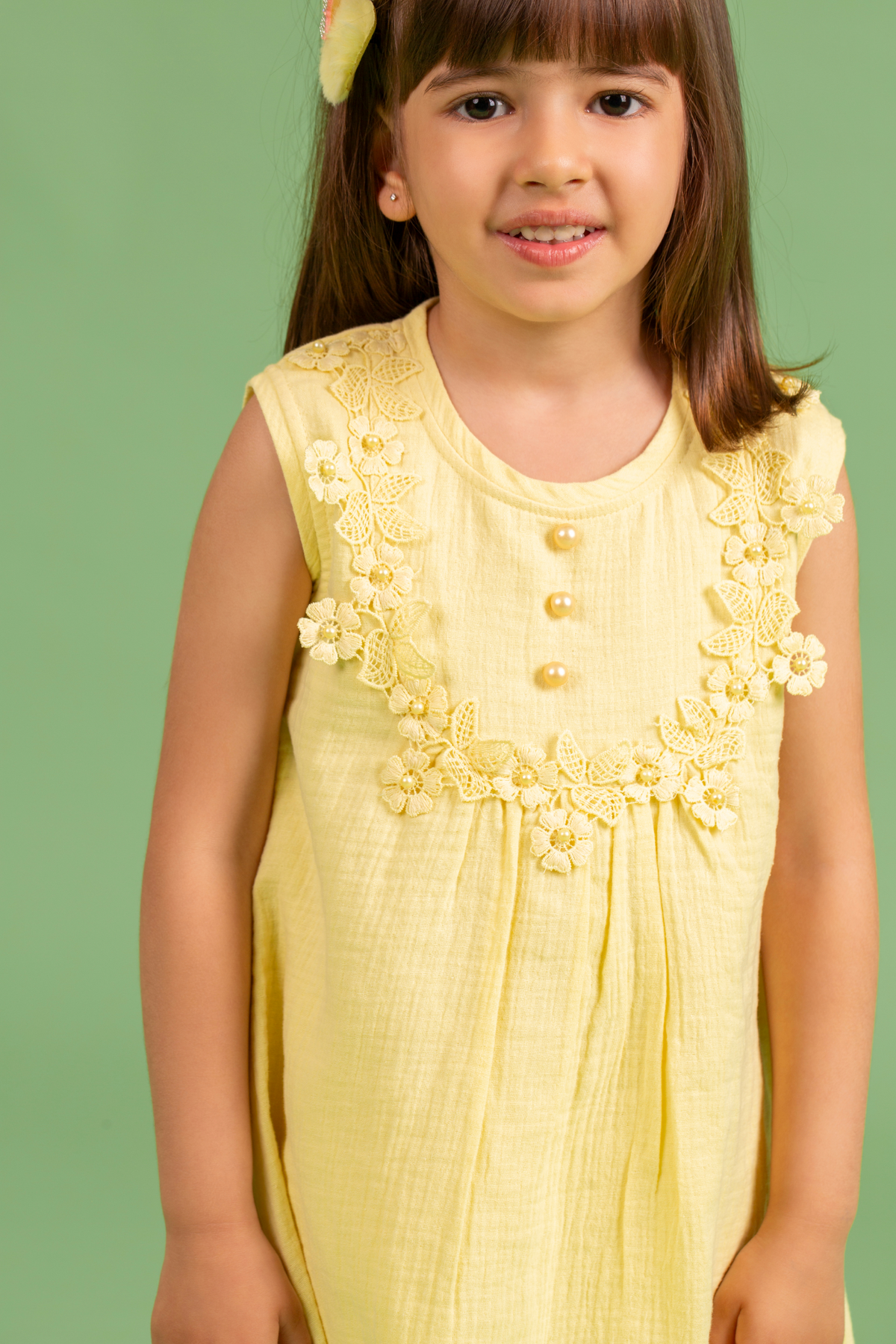 Yellow Cotton Dress with Flower Lace
