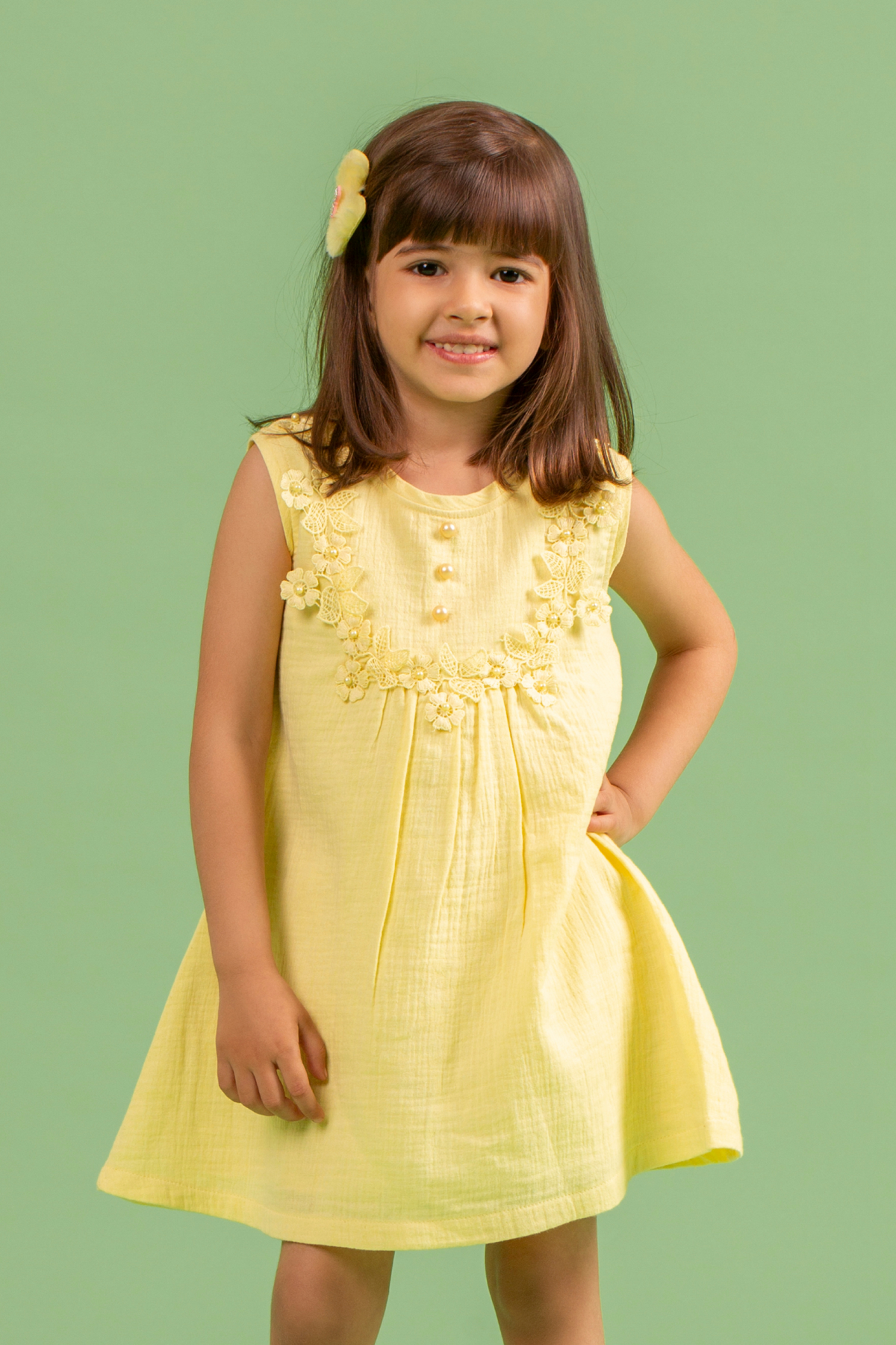 Yellow Cotton Dress with Flower Lace