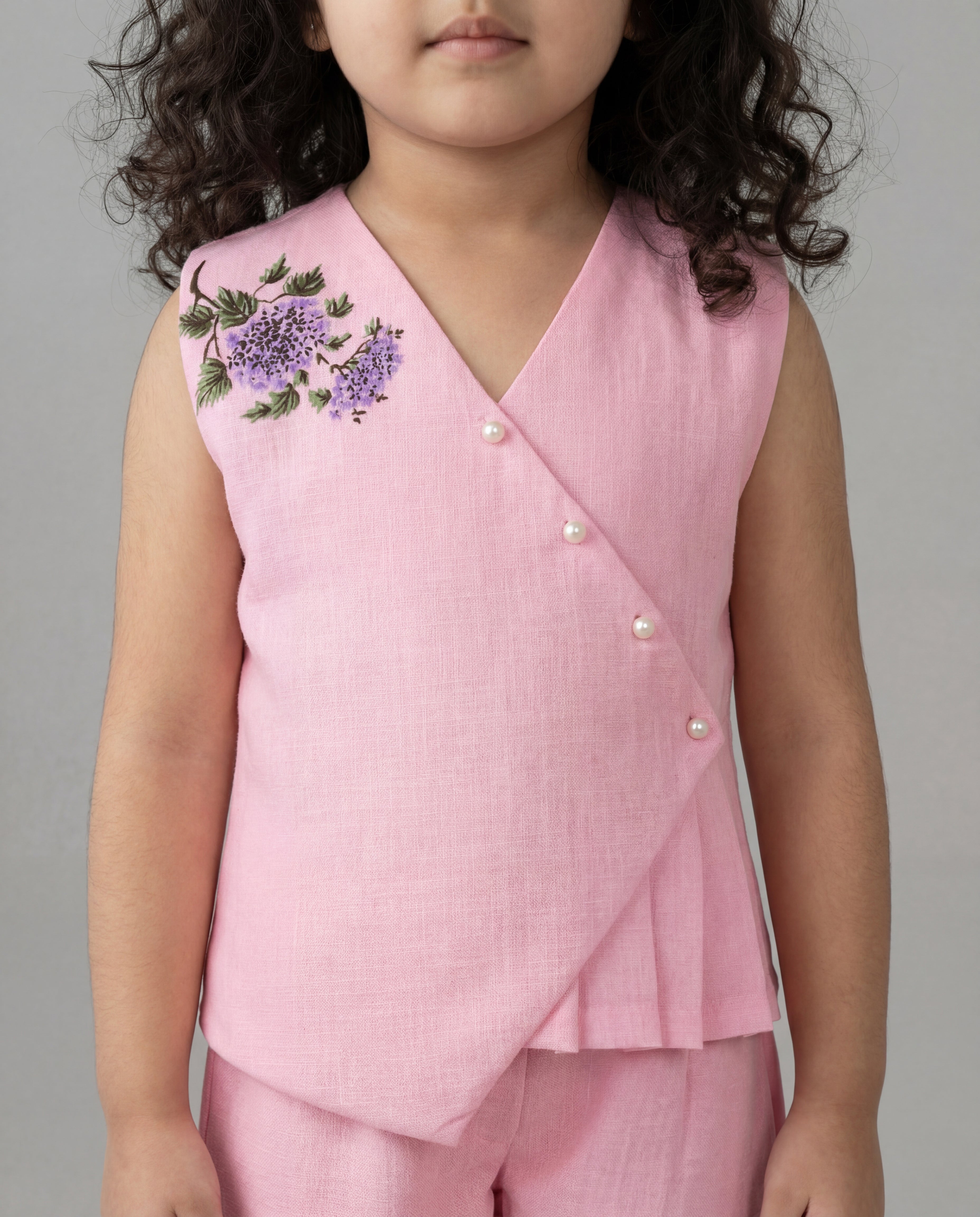 Pink linen co-ord set with floral detailing