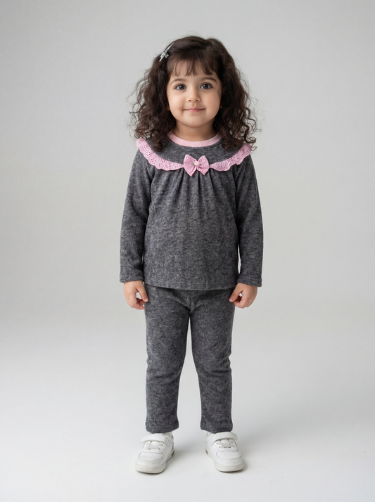 Grey nightsuit with pink lace detail- 038