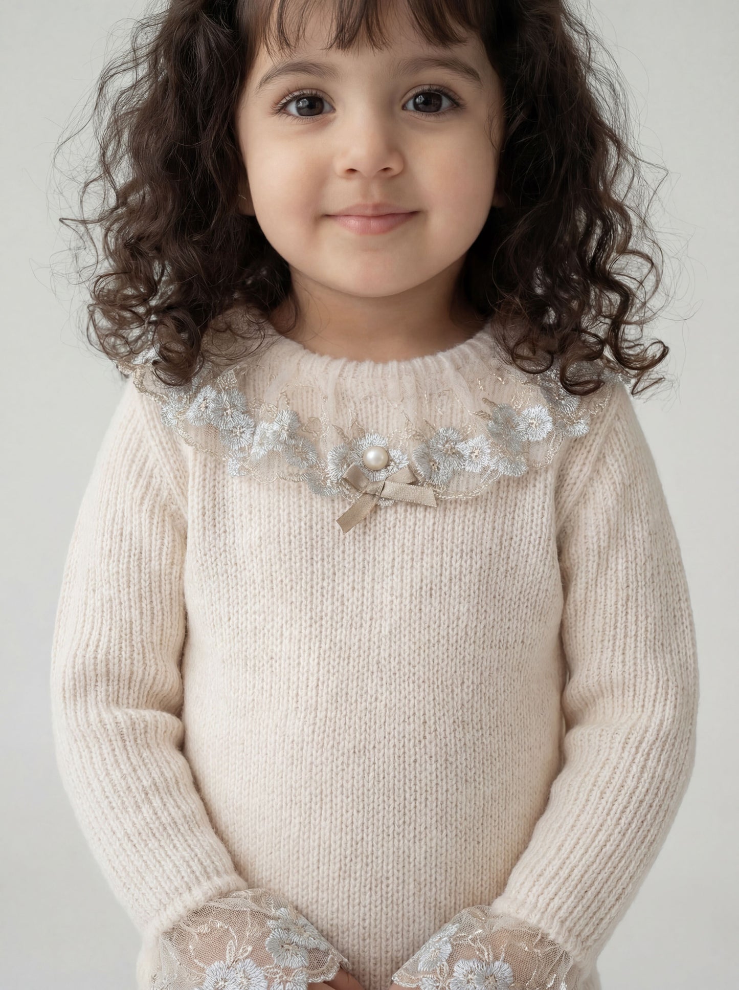 Cream woollen top with lace detailing (048)