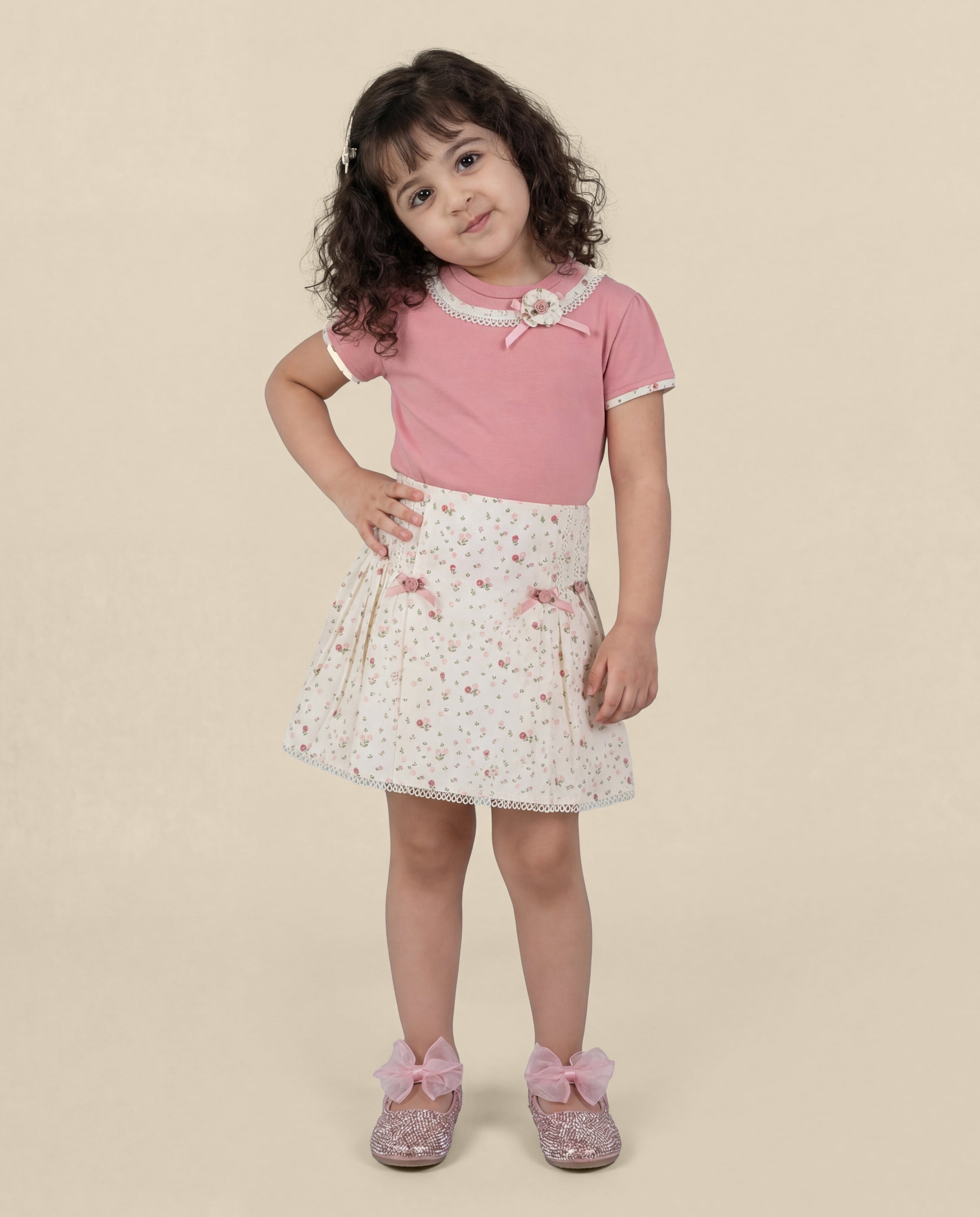 Peach top with small floral printed skirt