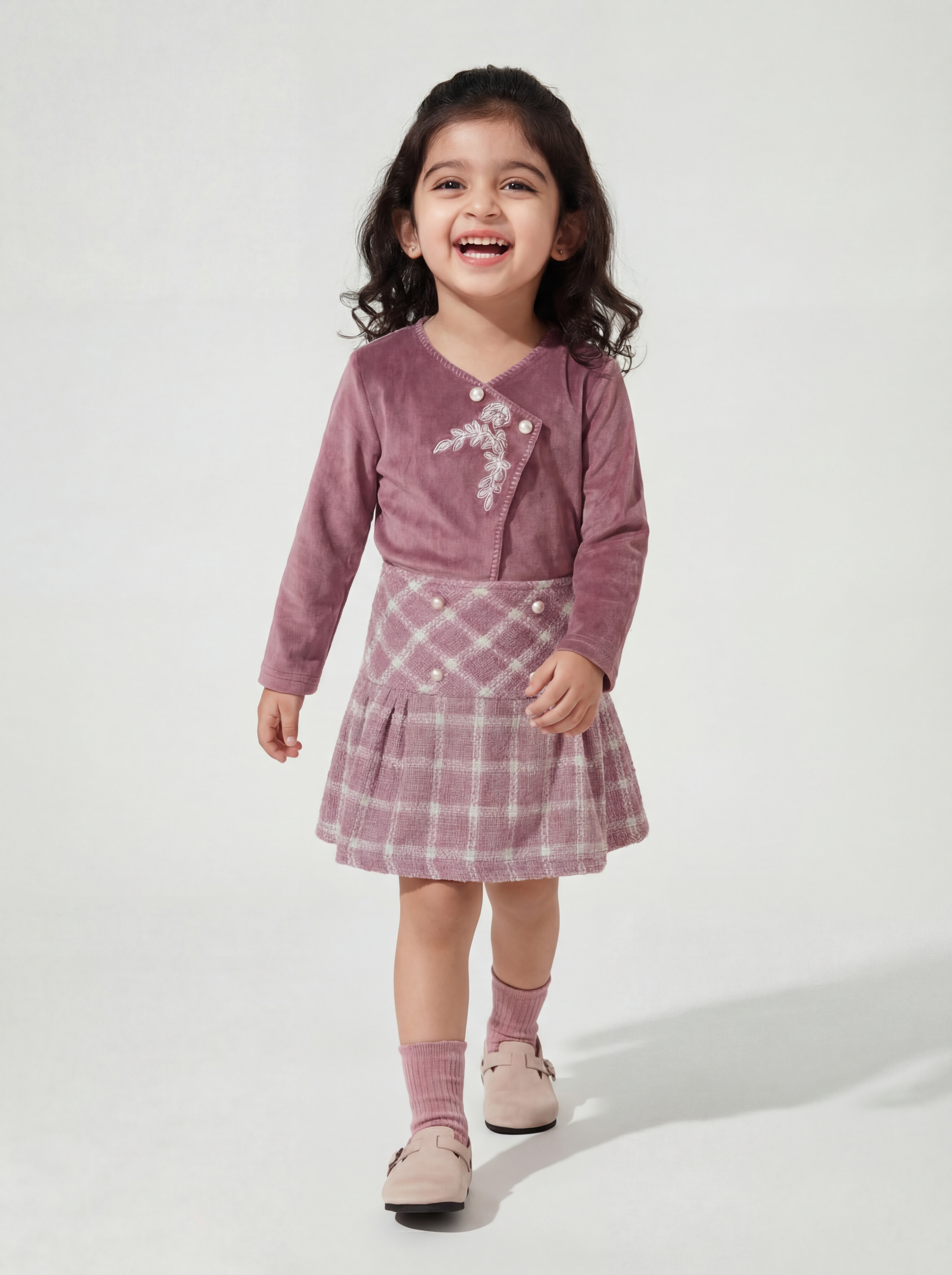 Purple super soft top with checkered skirt