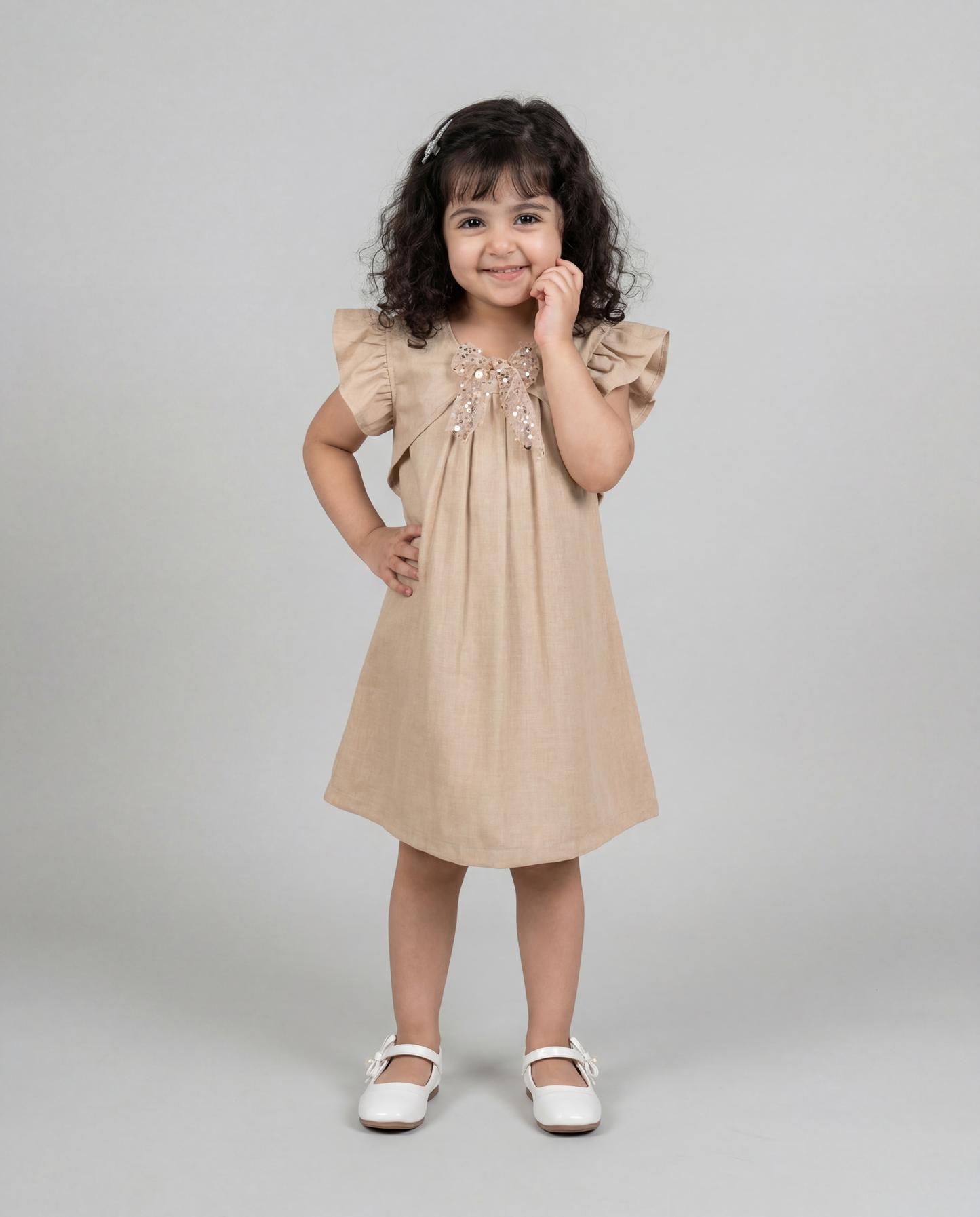 Biege Cotton Dress with fancy bow