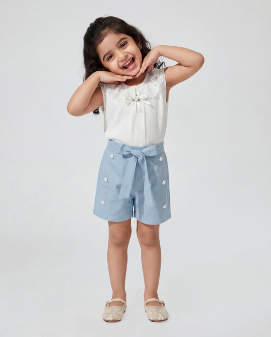 Cream fancy top with Cotton Denim Shorts