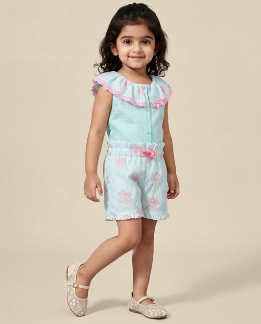 Mint green linen co-ord set with fancy lace SS26 (08)