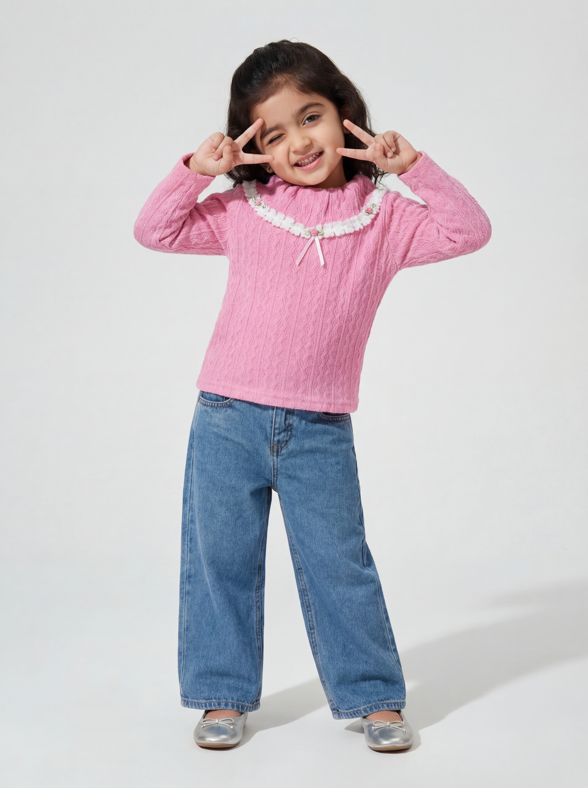 Pink woollen top with lace detailing