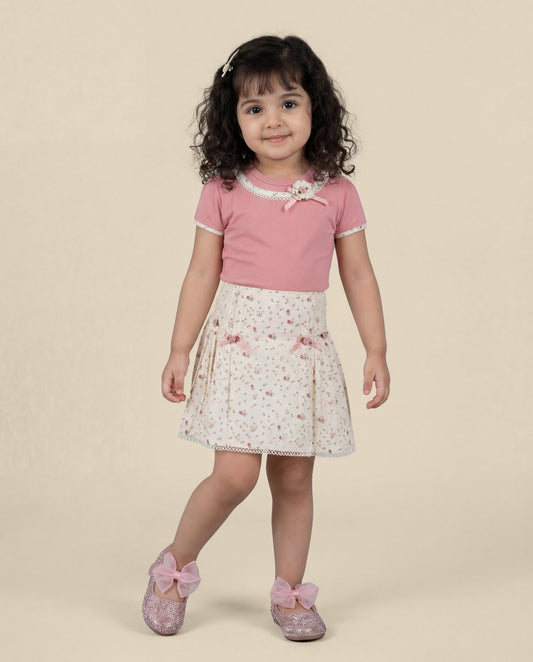 Peach top with small floral printed skirt