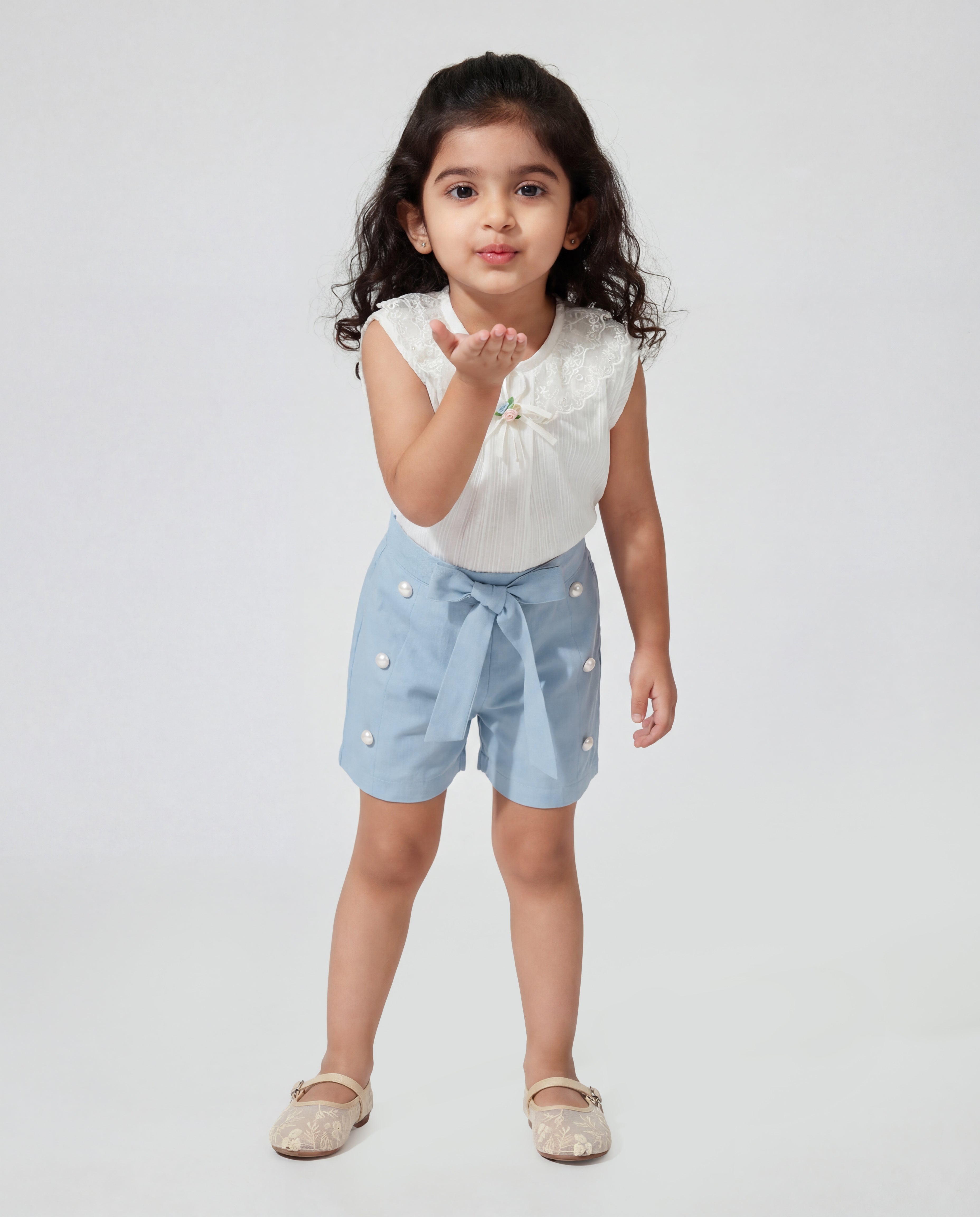 Cream fancy top with Cotton Denim Shorts