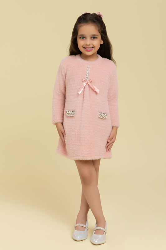 Pink woollen dress with embellishment