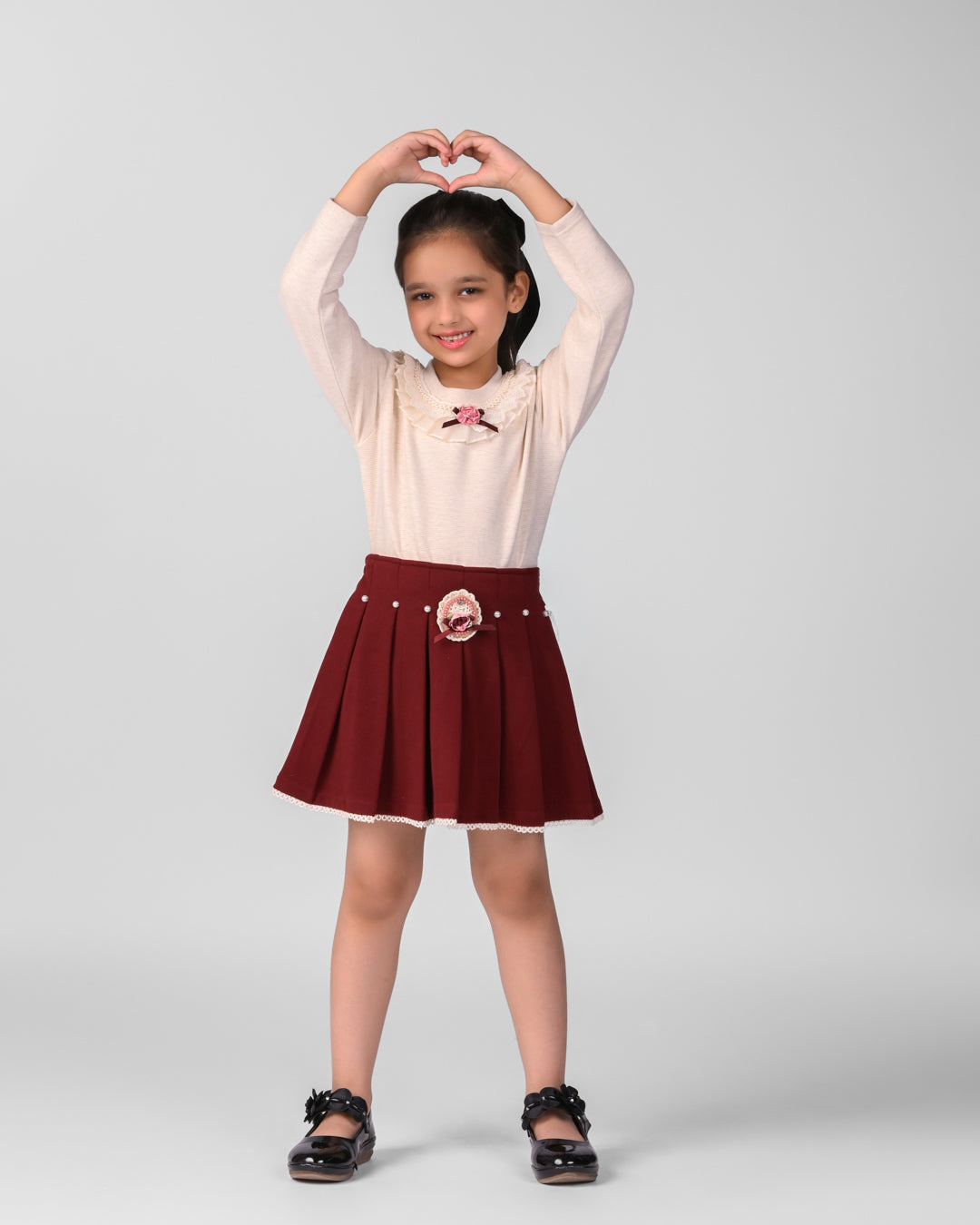 Butter Top with Pleated Maroon Skirt