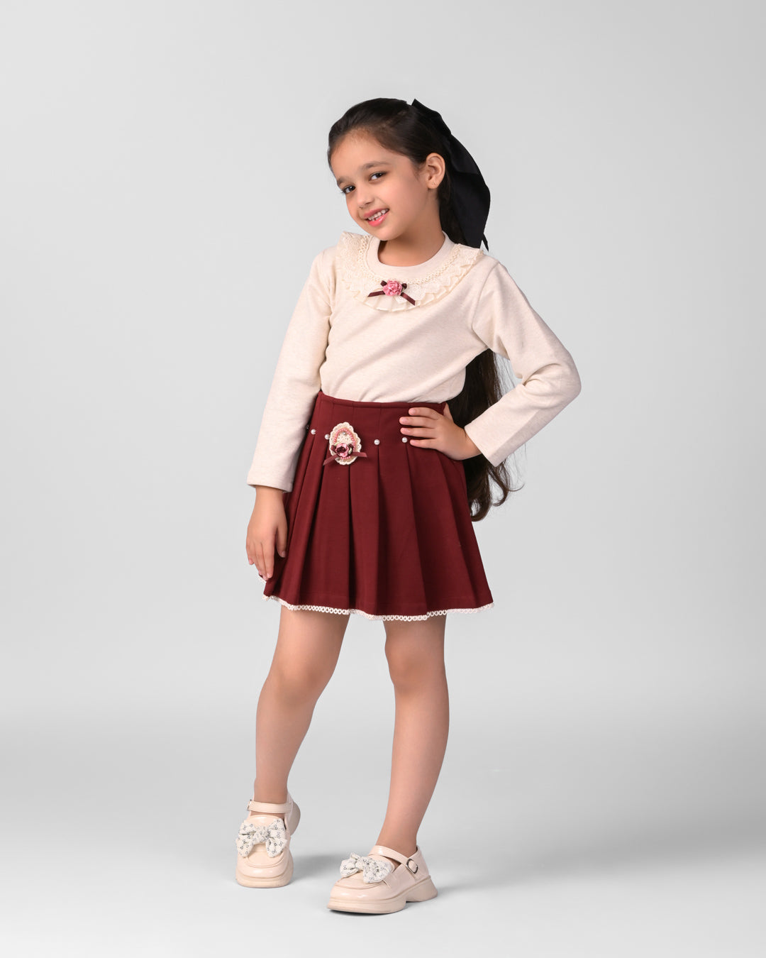 Butter Top with Pleated Maroon Skirt