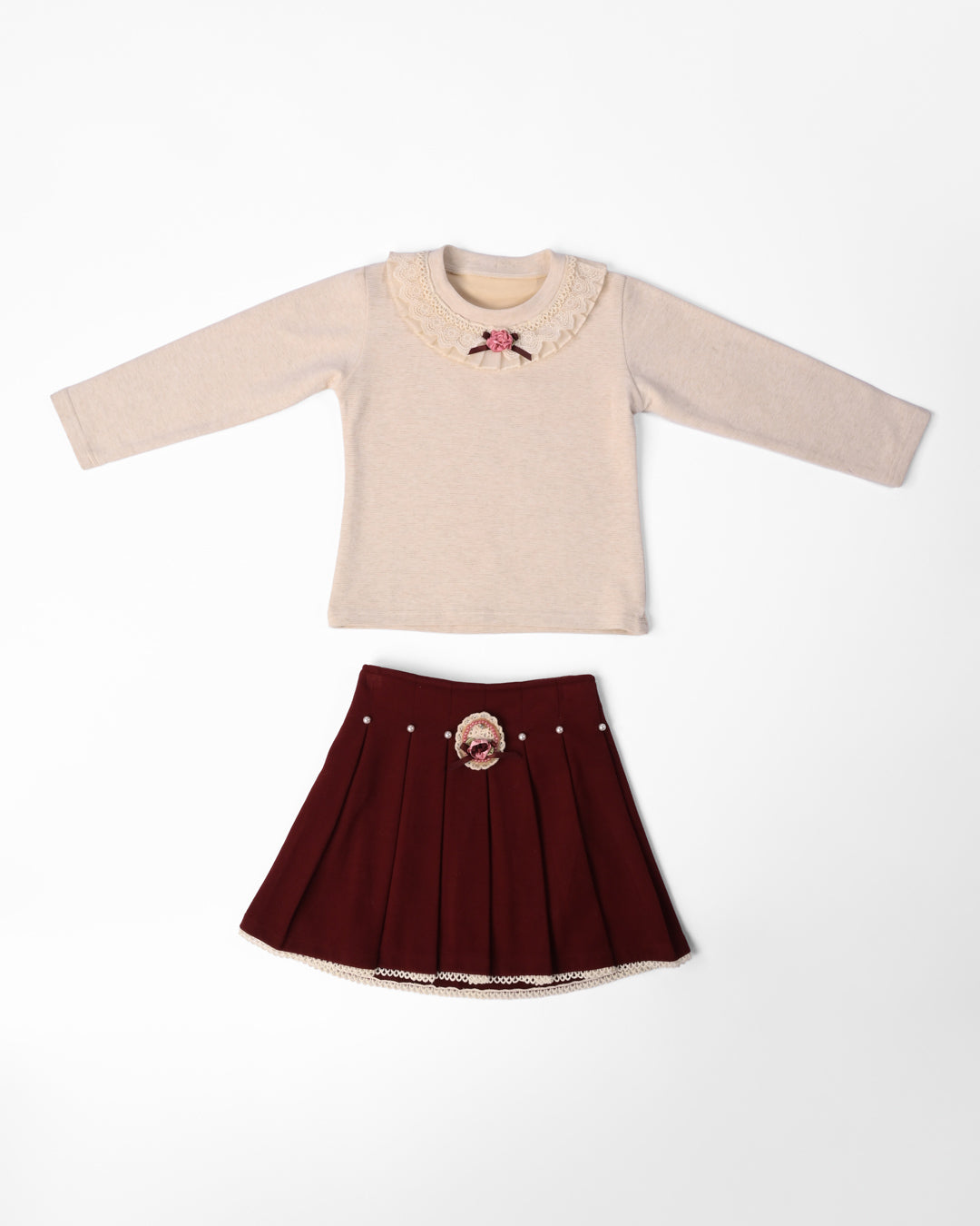 Butter Top with Pleated Maroon Skirt