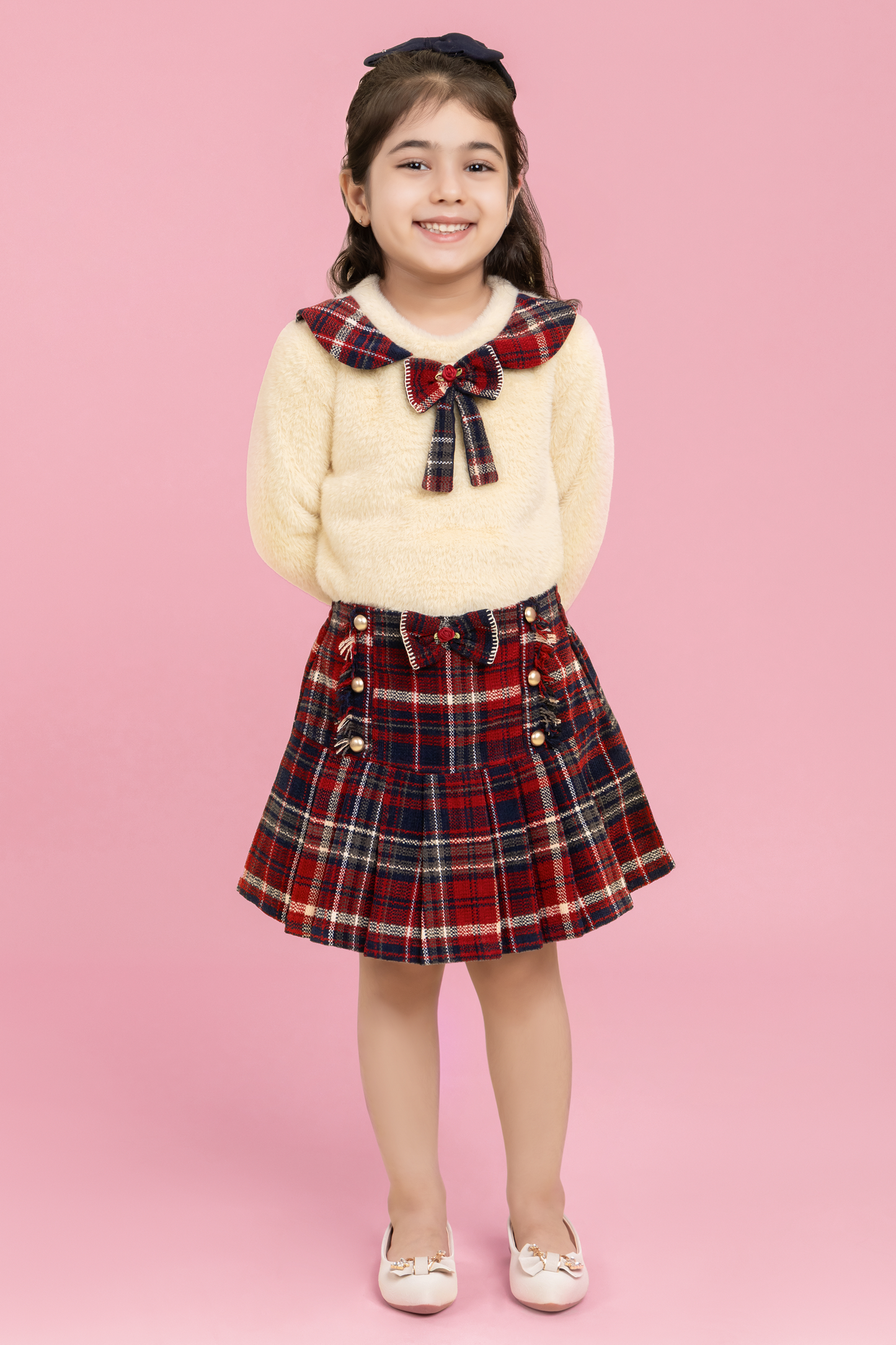 Cute butter top with maroon checkered skirt