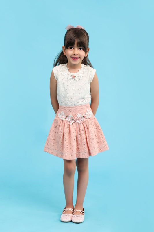 Cream chicken top with peach chicken skirt