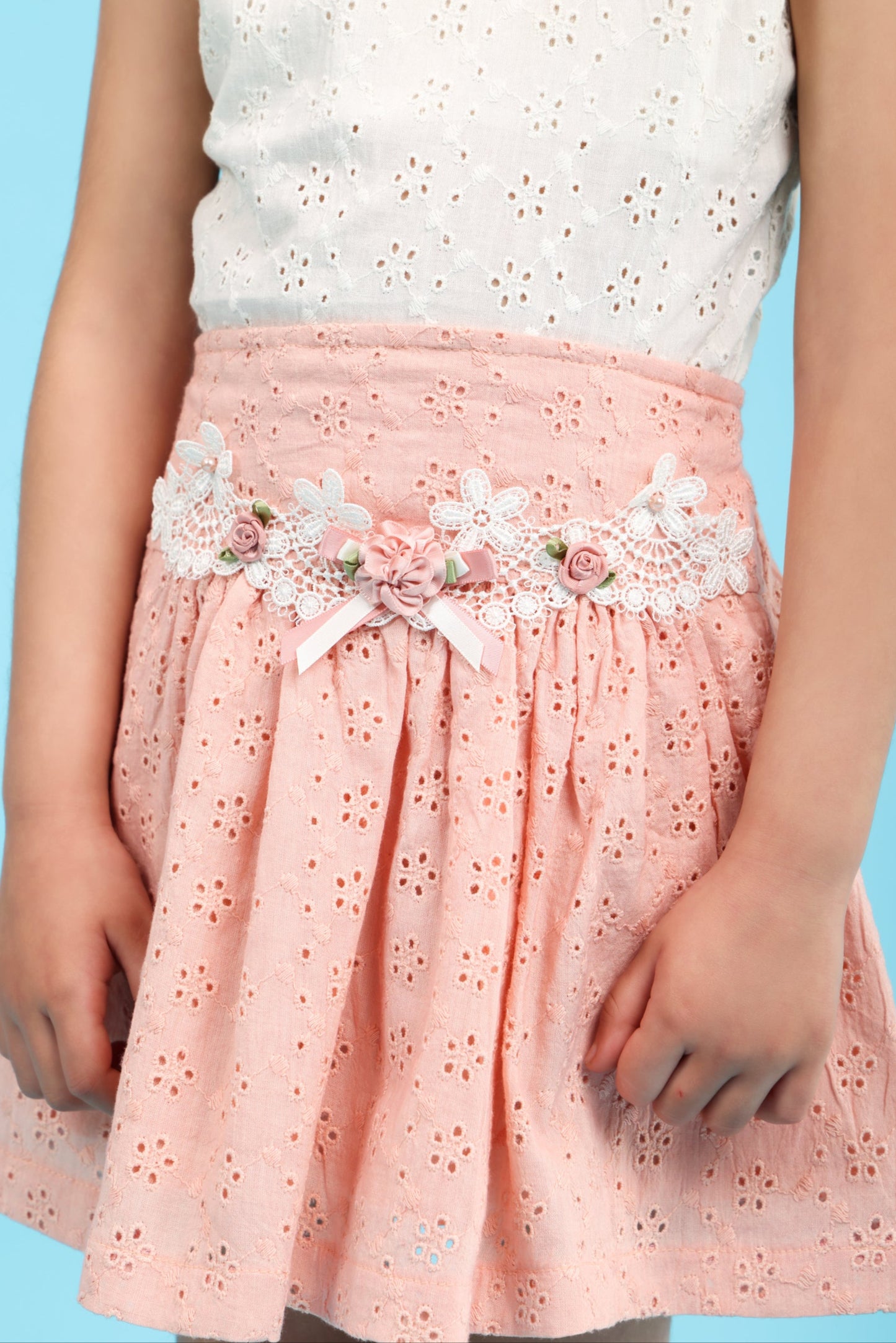 Cream chicken top with peach chicken skirt