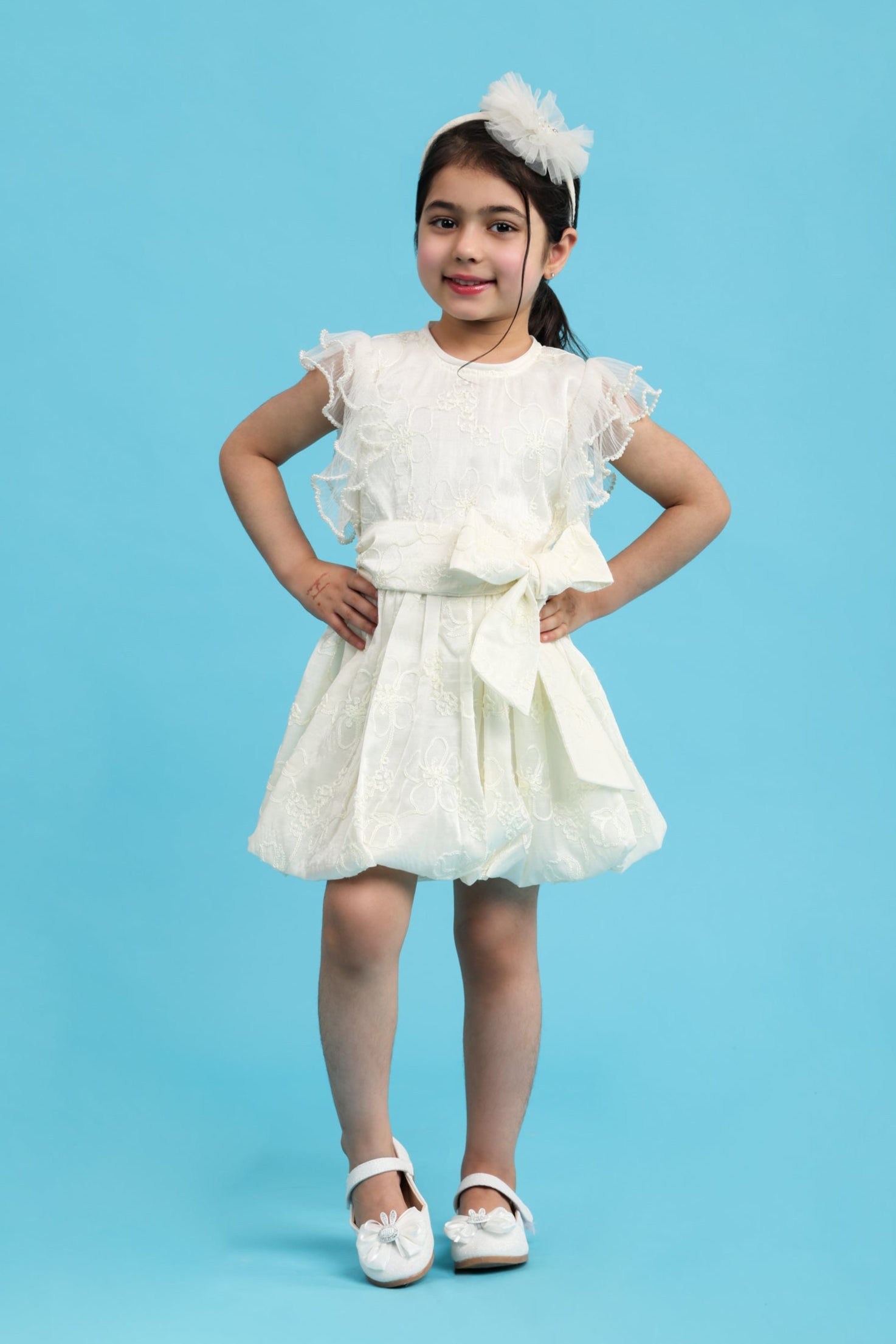 Fancy cream embroidered dress with tie up bow