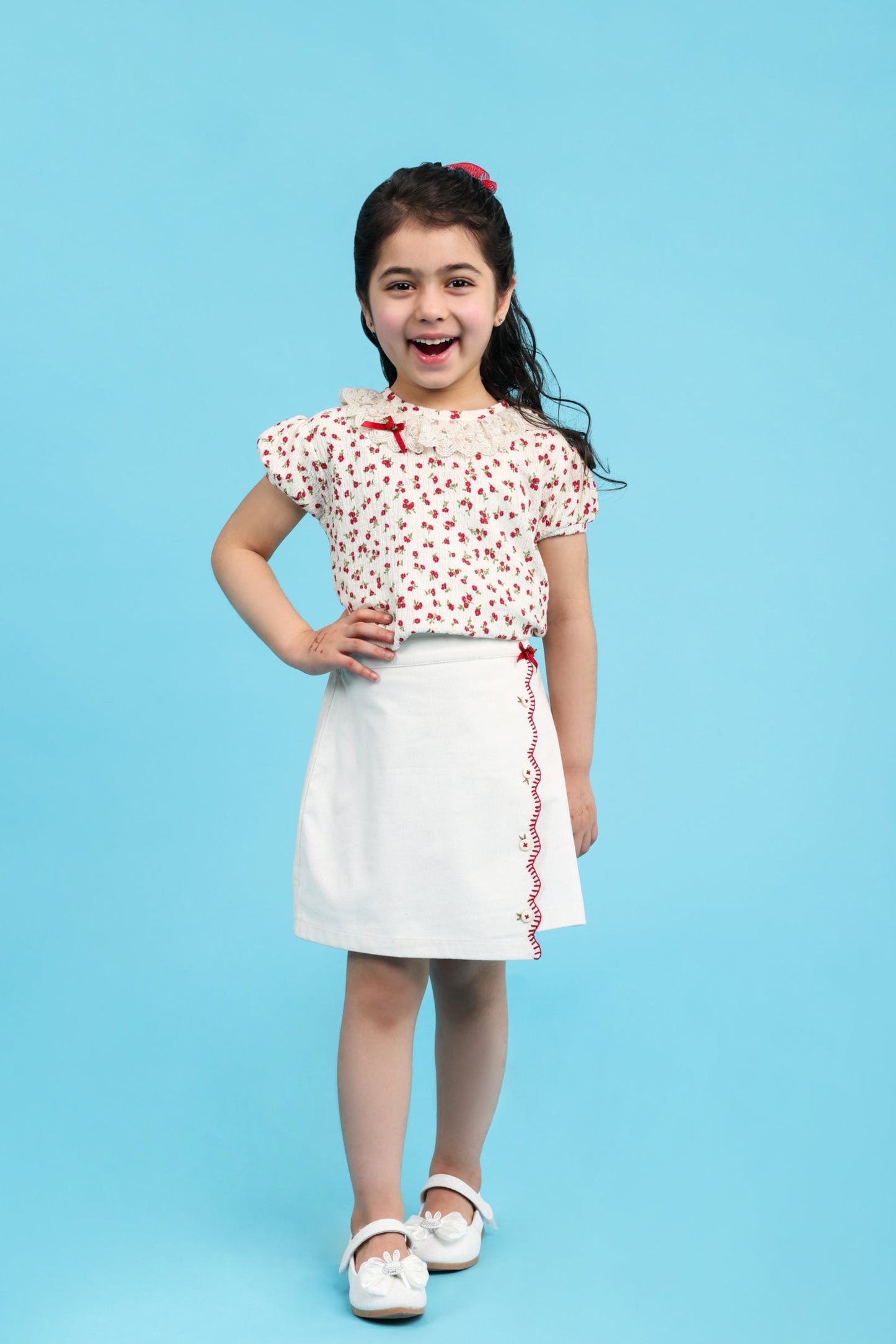 Floral printed top with fancy side flap skort