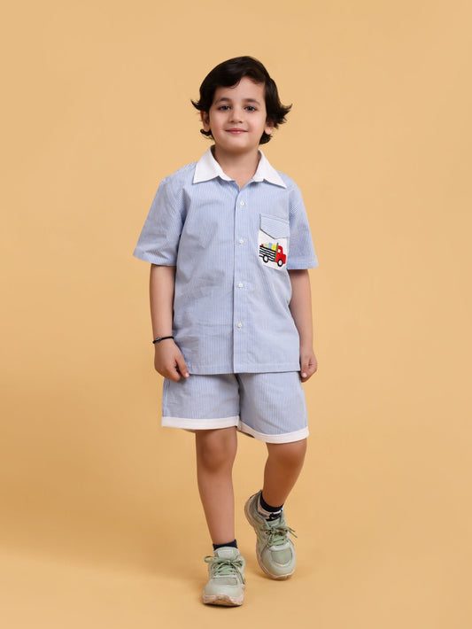 Blue stripe Co-ord set with embriodery on pocket