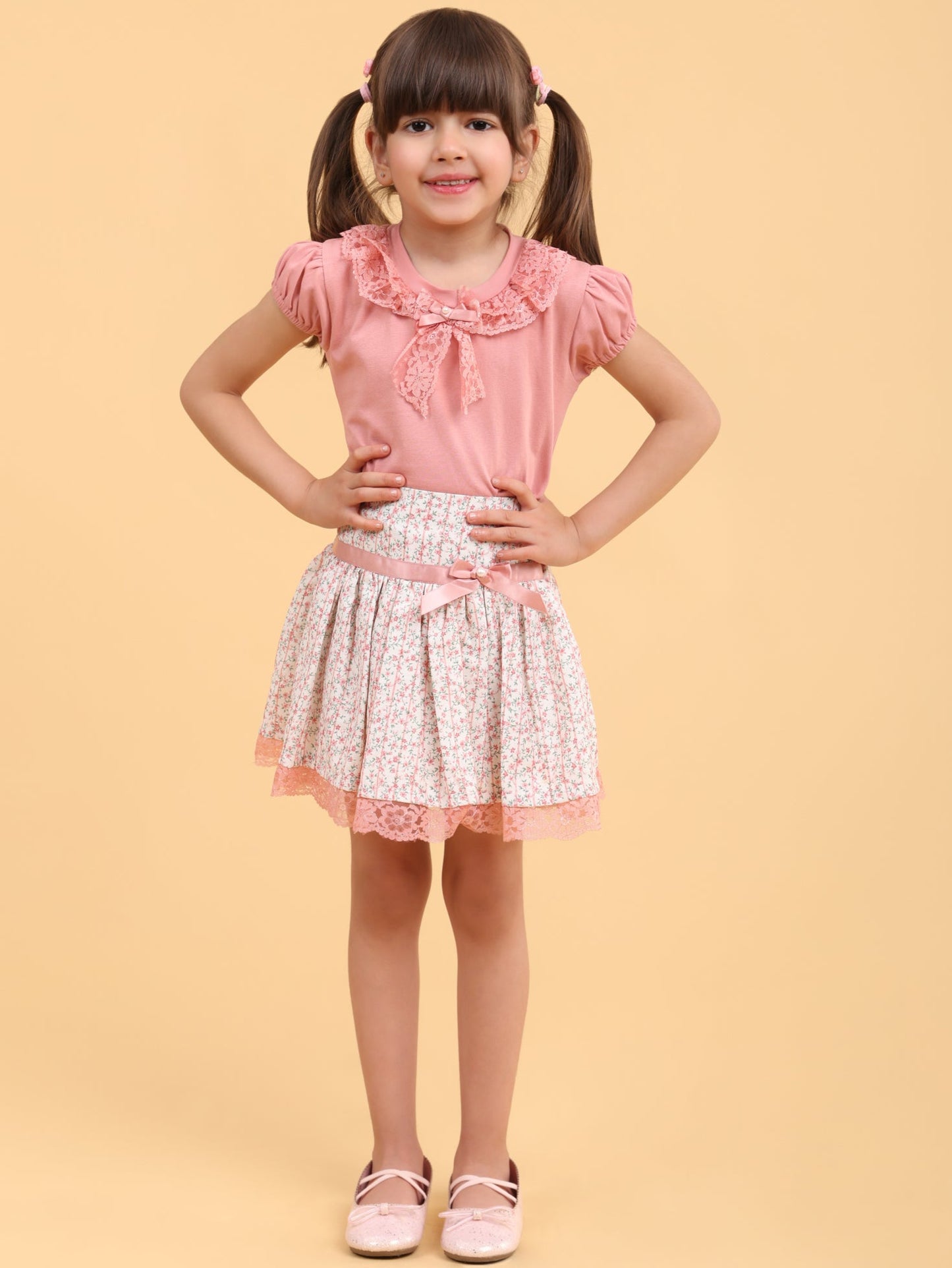 Lacey Peach top with fluffy printed skirt