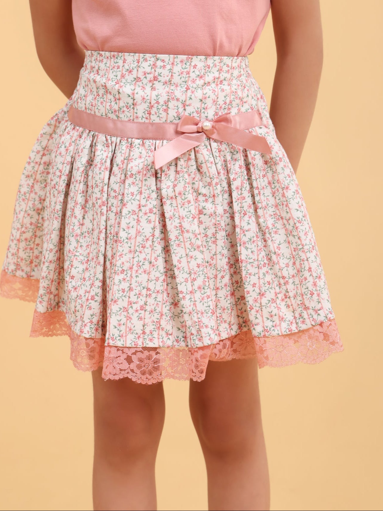 Lacey Peach top with fluffy printed skirt