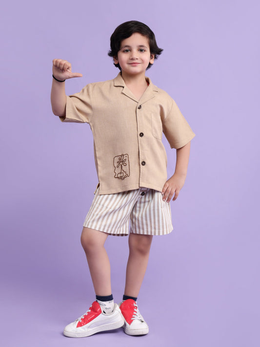 Beige shirt with embroidery with stripe shorts