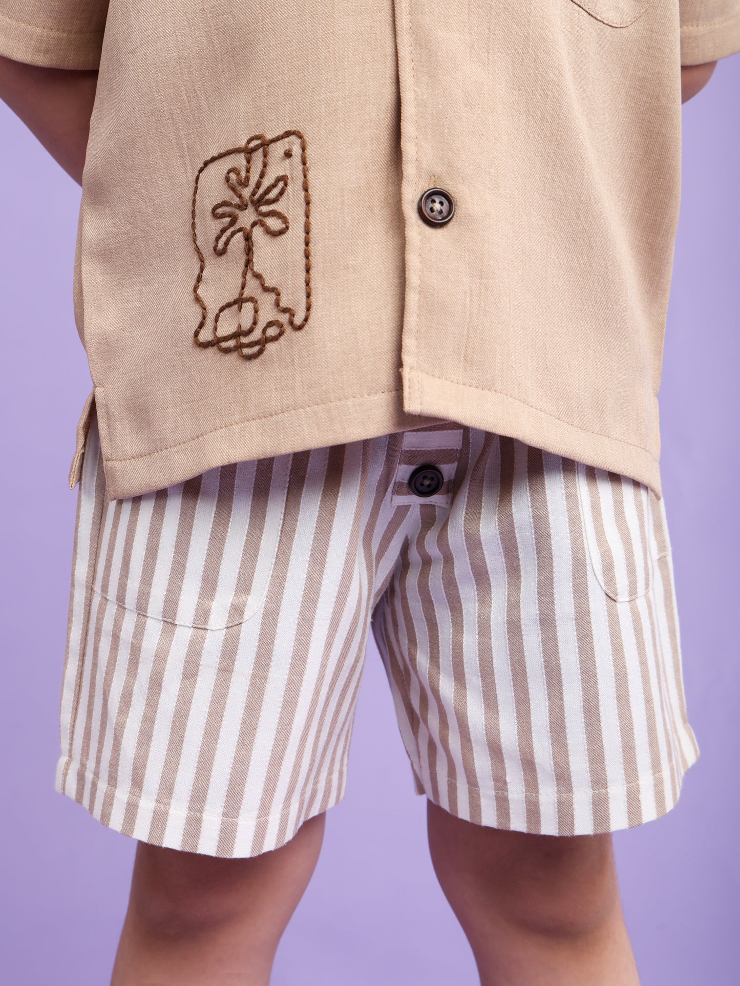 Beige shirt with embroidery with stripe shorts